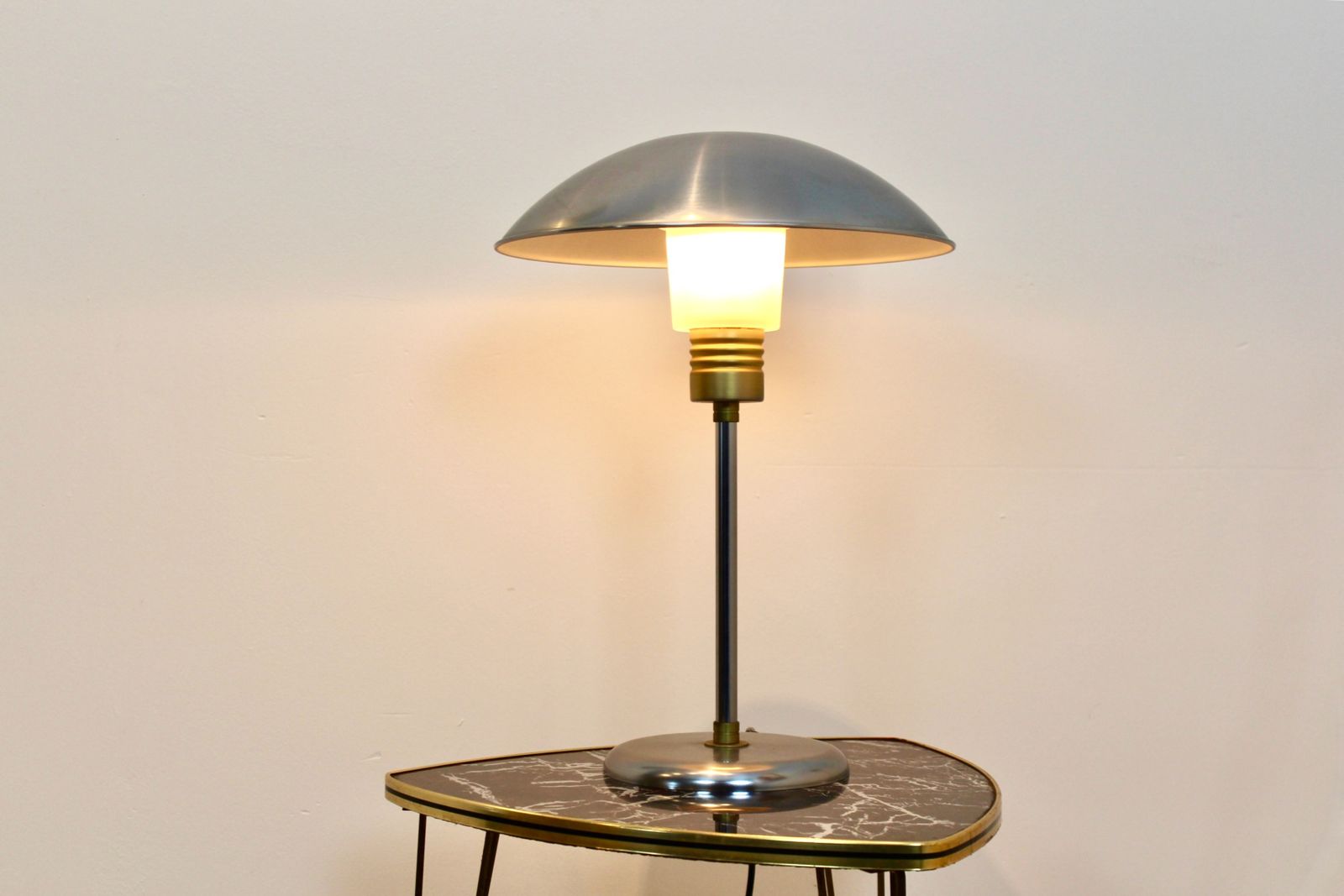 Elegant 1950s French Modernist Desk Lamp In Brushed Steel And Brass Accents photo buy