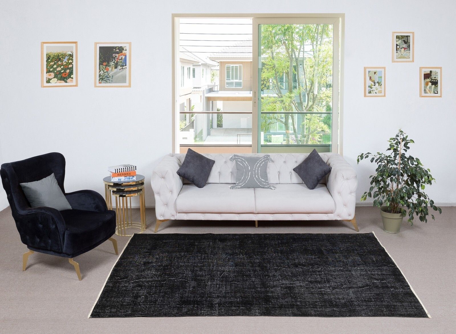 5.6x9 Ft Plain Black Overdyed Area Rug, Handknotted And Handwoven In Turkey photo furniture