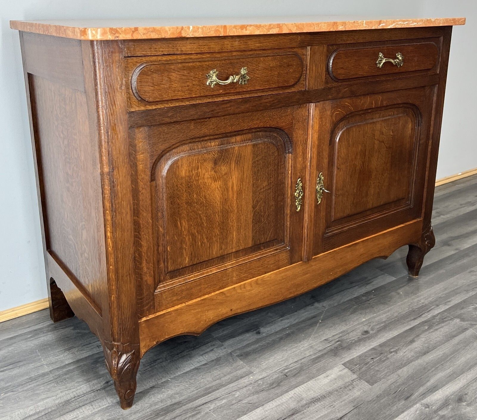 Cabinet Antique French Marble Top Oak Carved With Drawers Sideboard Lot 4489 photo furniture