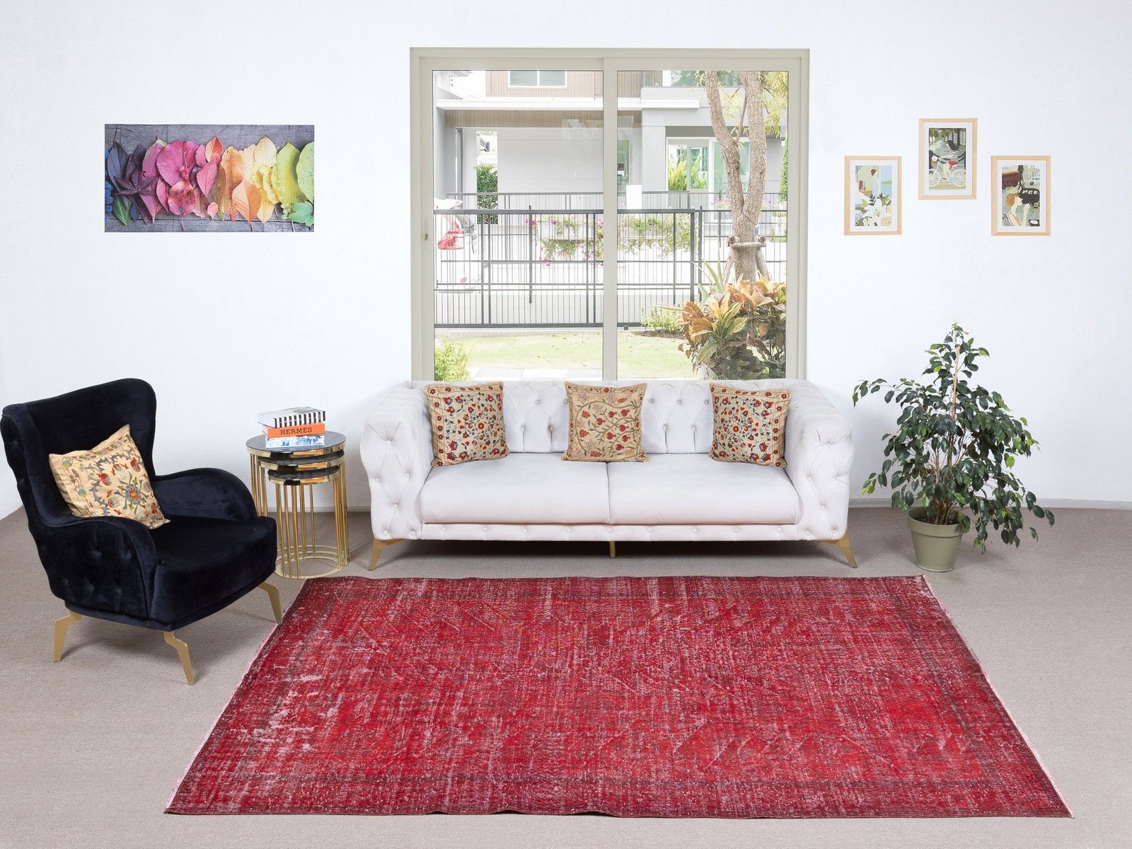 6.4x9.6 Ft Vintage Turkish Rug. Overdyed Red, Handmade Rug For Modern Interiors photo furniture