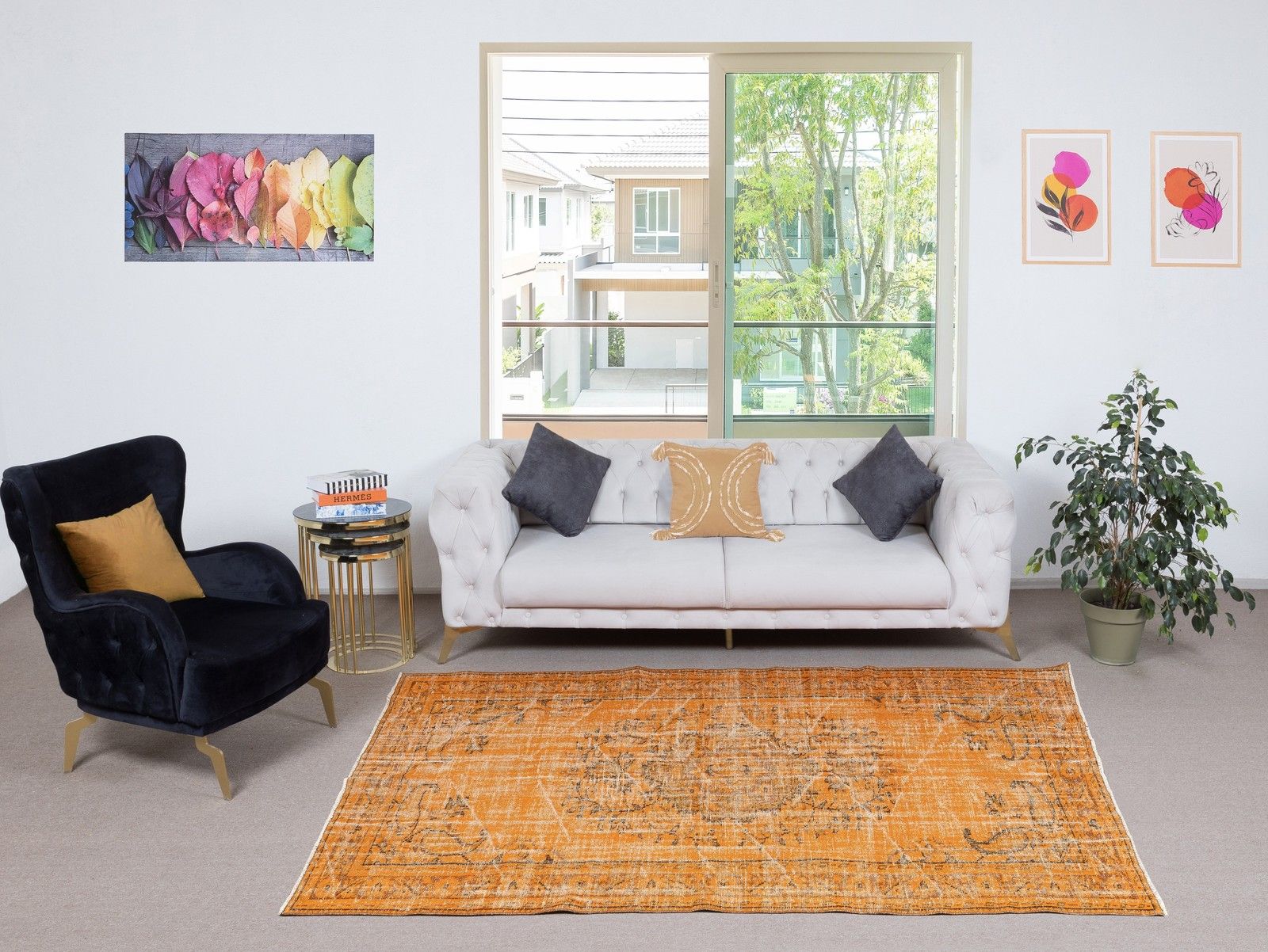 5.3x8.4 Ft Vintage Handmade Turkish Rug Overdyed In Orange For Modern Interiors photo furniture