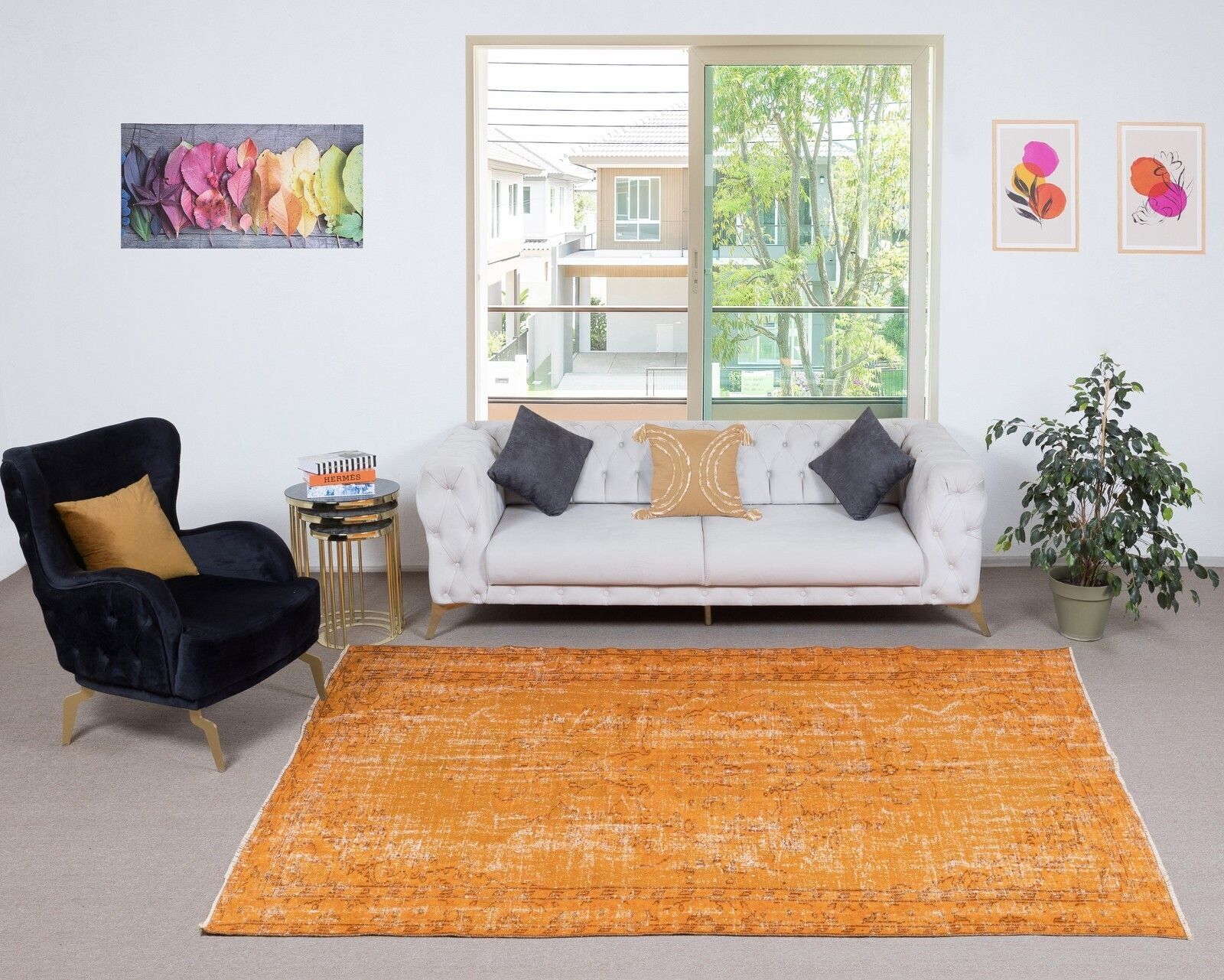 5.8x9.6 Ft Modern Handmade Turkish Rug. Vintage Orange Carpet For Living Room photo furniture
