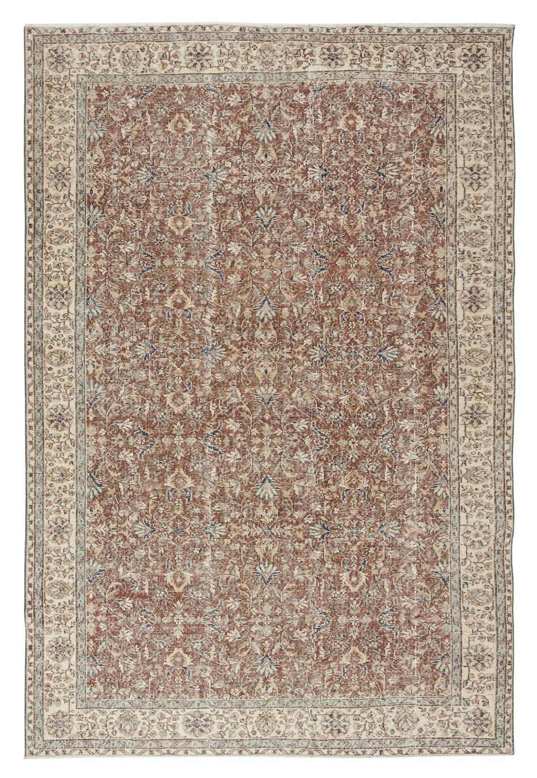 6.6x9.8 Ft Vintage Handmade Turkish Red Wool Area Rug With Floral Design