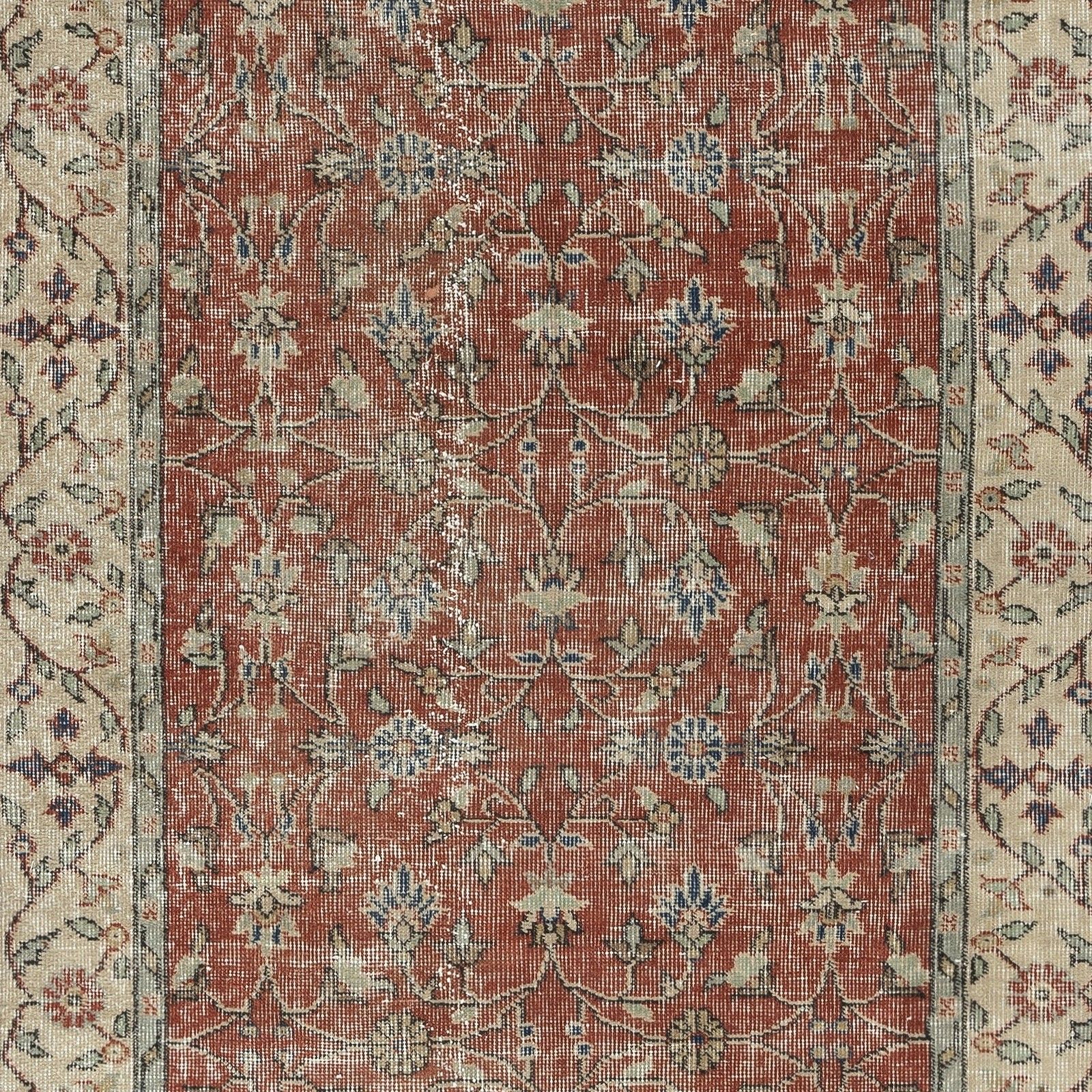 3.7x6.5 Ft Vintage Handmade Turkish Red Wool Accent Rug With Floral Design photo Textiles