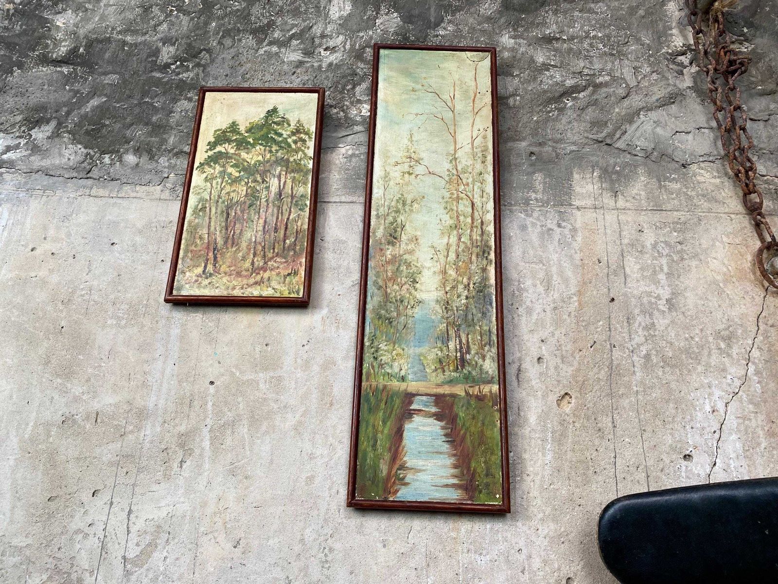Pair Antique Woodland Forest Tree Oil Paintings On Board photo vintage