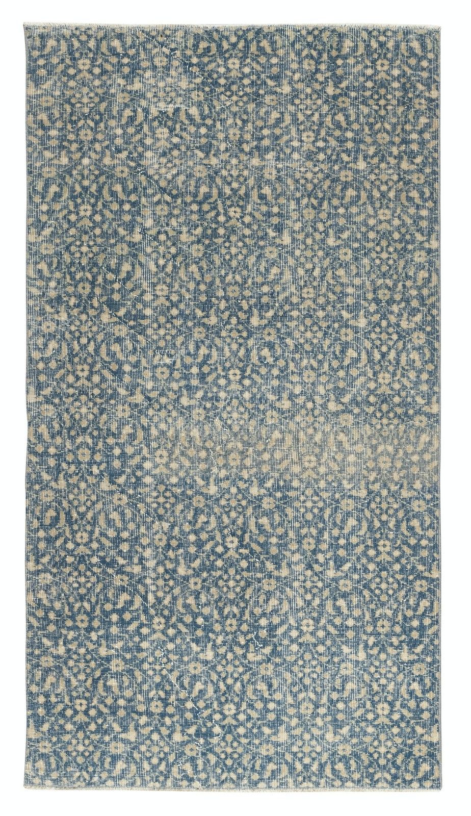 3.8x7 Ft Vintage Handmade Turkish Blue Wool Accent Rug With Floral Design