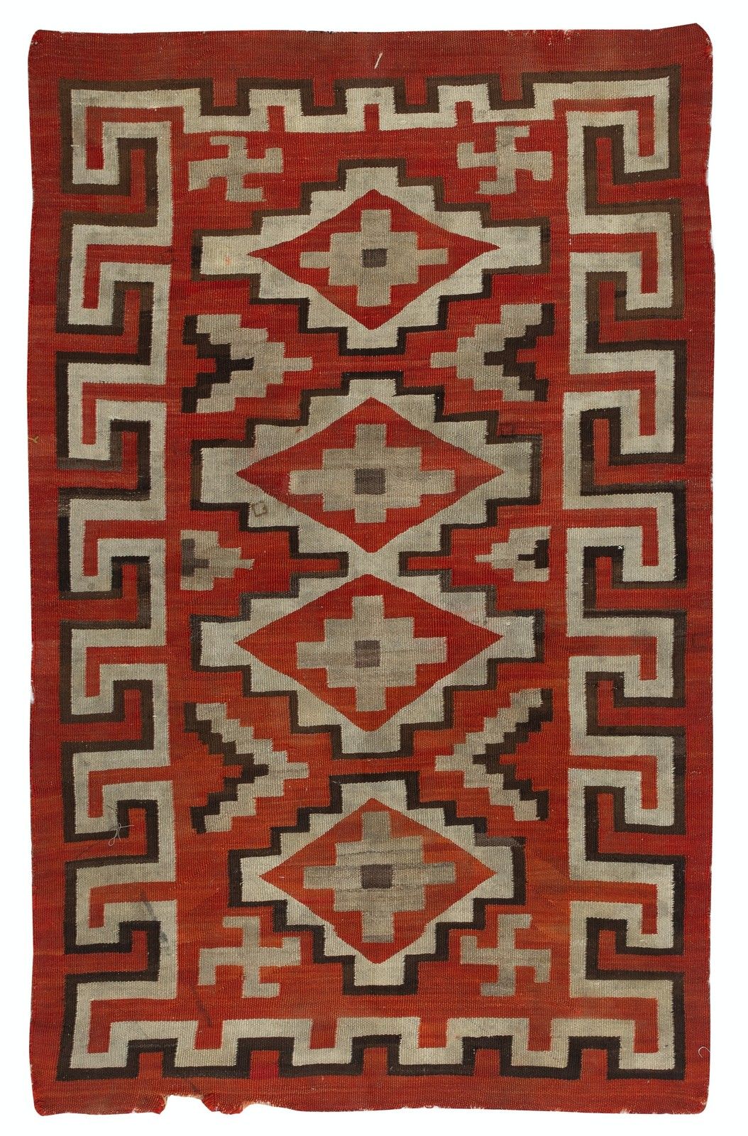 4.5x7 Ft Antique Navajo Ganado Rug, Red & Ivory Geometric Design, Ca 1925–1945