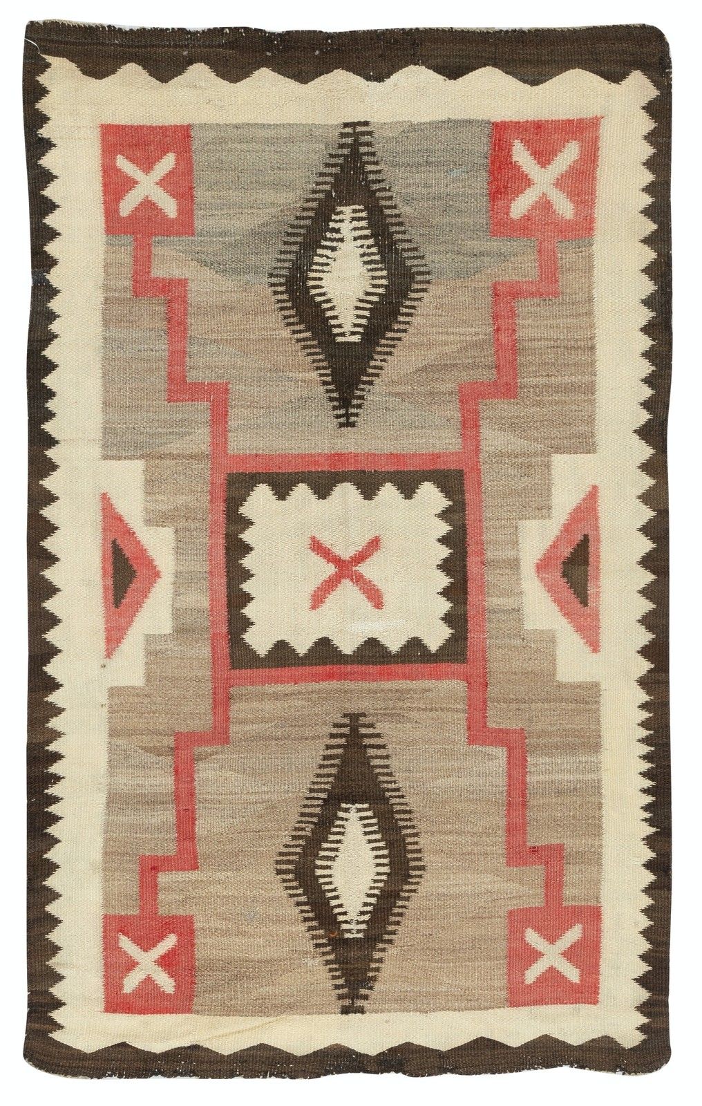 3.2x5 Ft Antique Navajo Storm Pattern Rug, Wool, Natural Colors, Circa 1930–1950