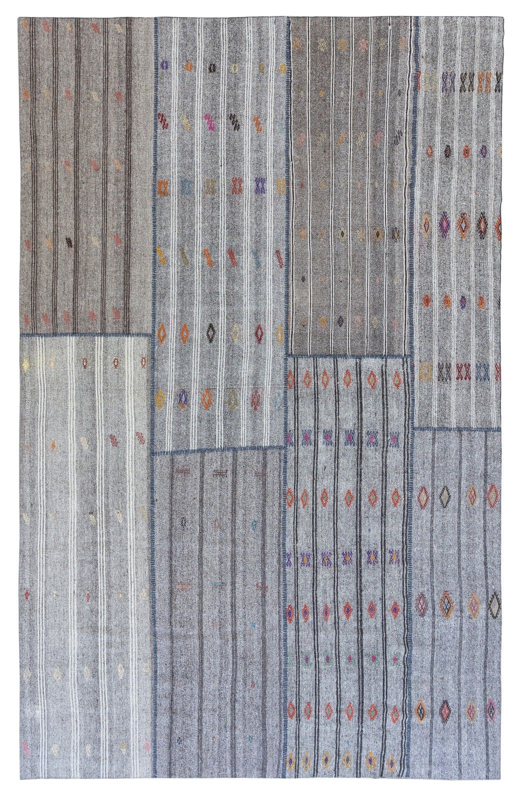 11.2x16.3 Ft Vintage Gray Kilim. Handwoven Cotton & Goat Hair, Oversize Rug