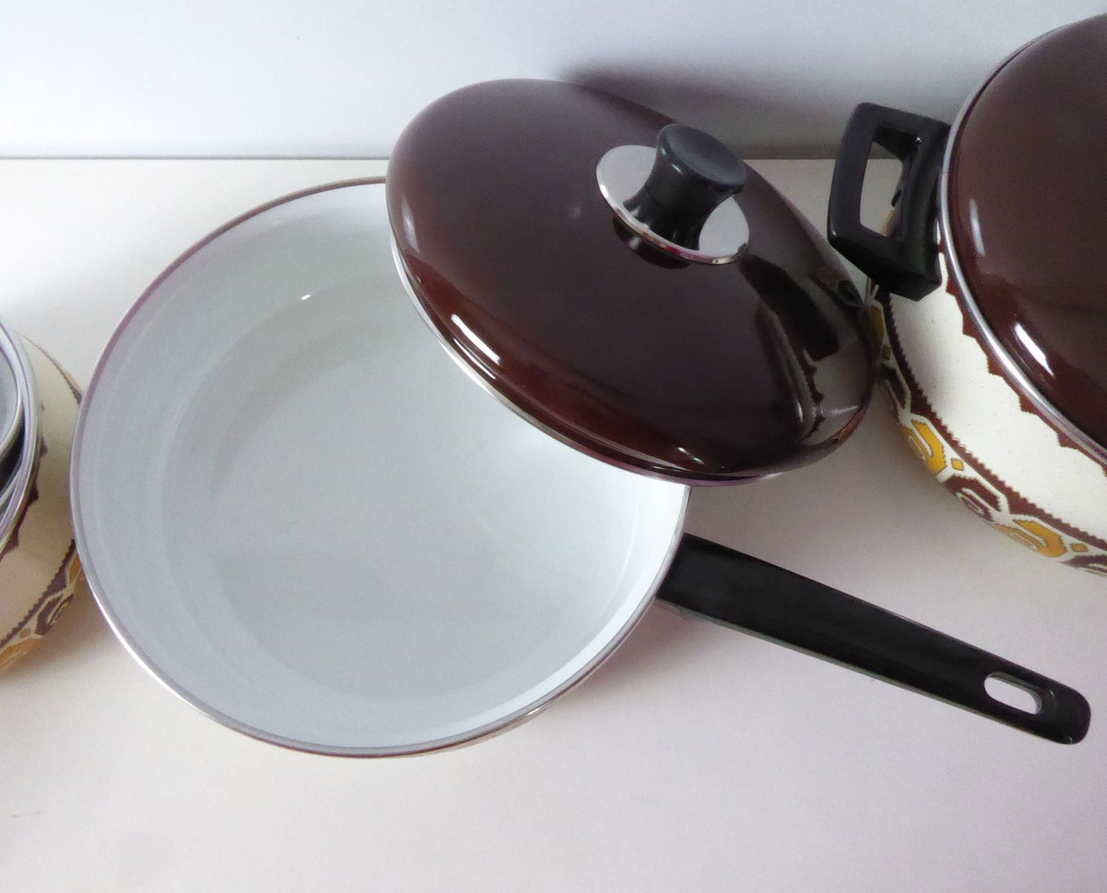 photo for sale Retro Enamel Saucepan Set, French Casserole, Skillet And Three Saucepans