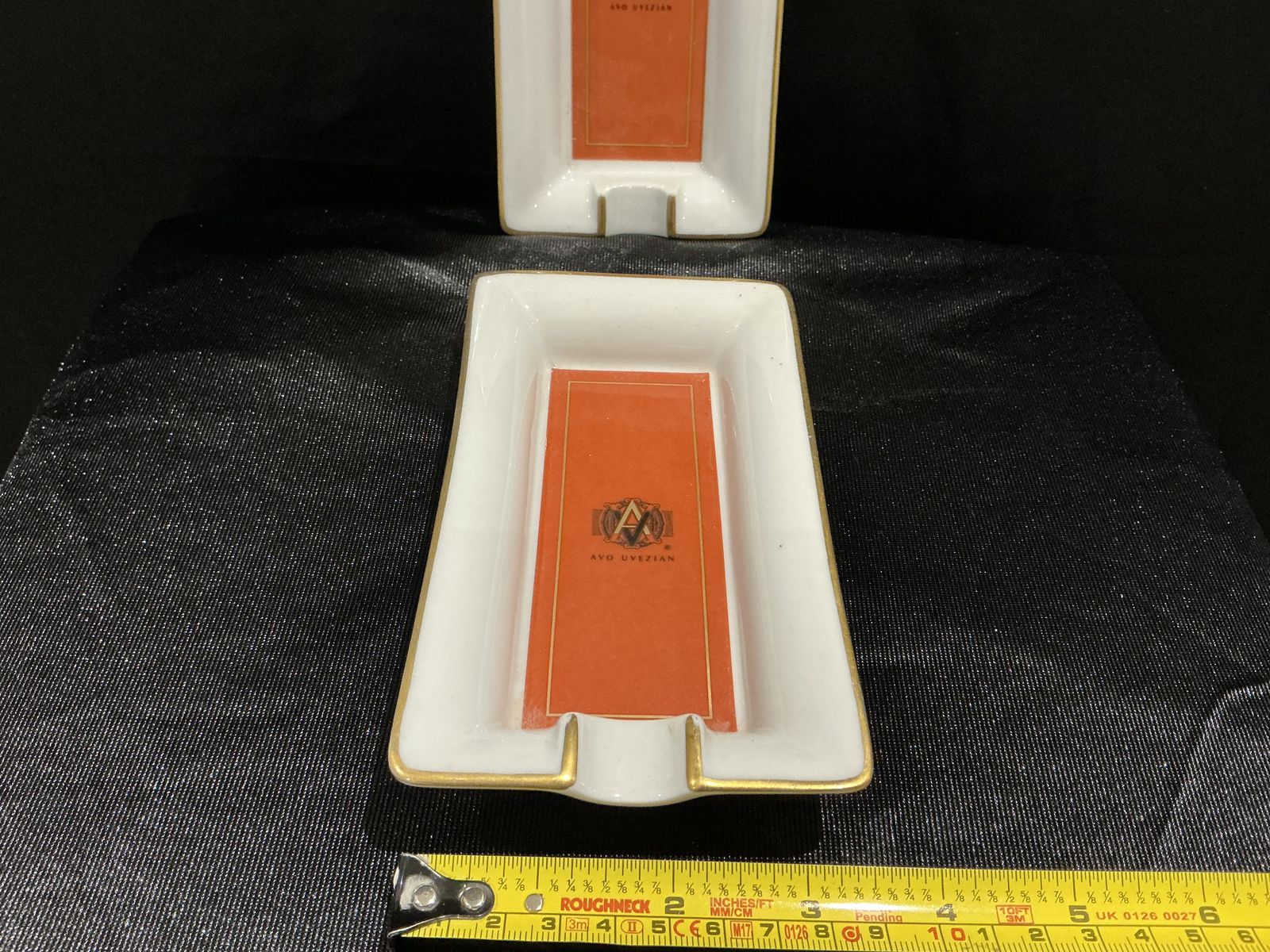 Pair Of Avo Uvezian Limoges Porcelain Cigar Ashtrays – Burnt Orange, White & Gold, 1990s photo Home Decor