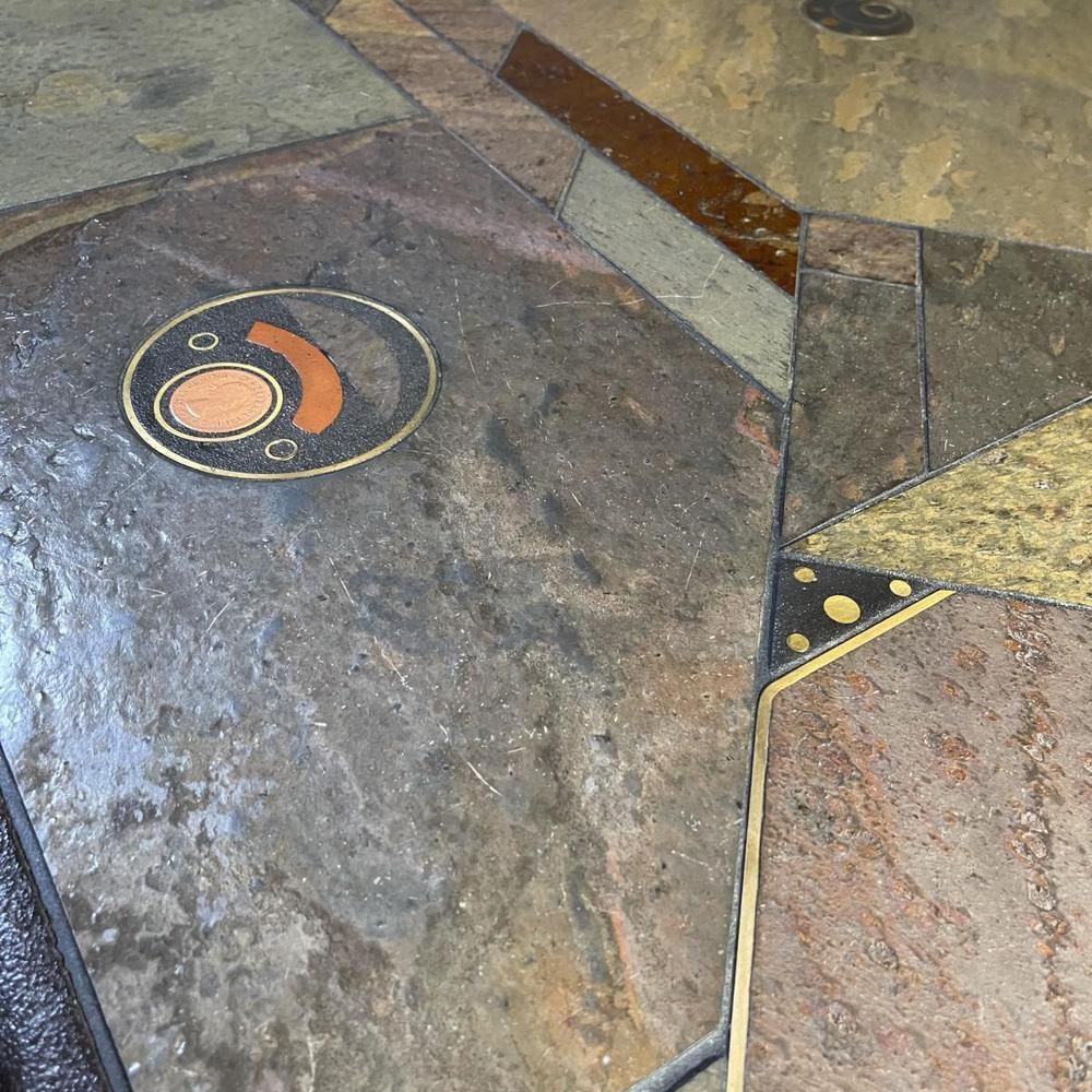 Brutalist Coffee Table In Stone, Copper & Brass By Paul Kingma, 1970s photo vinterior