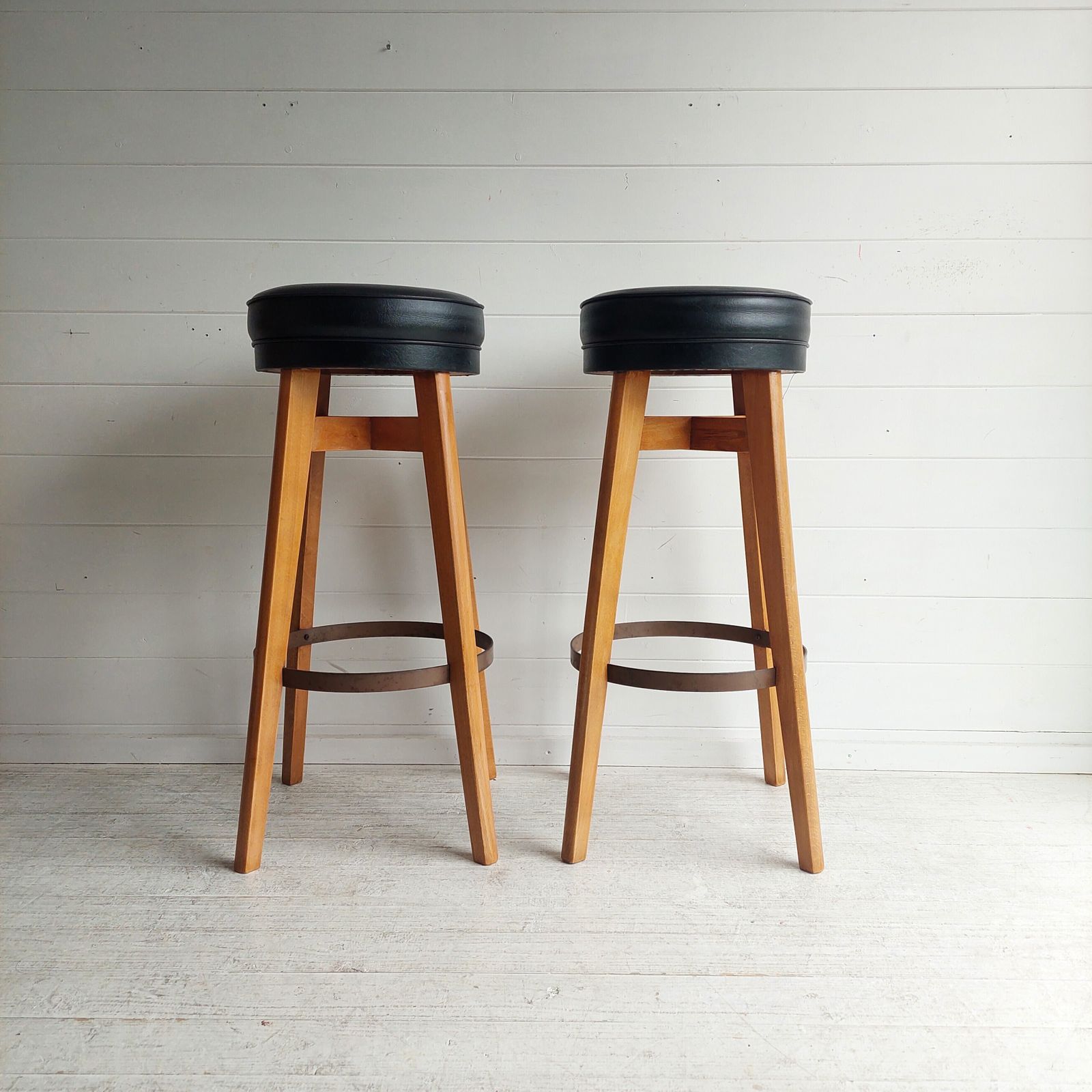 Mid Century Bar Stools Danish Style By Benchairs 70s Beech And Vinyl, Set Of 2 photo Furniture
