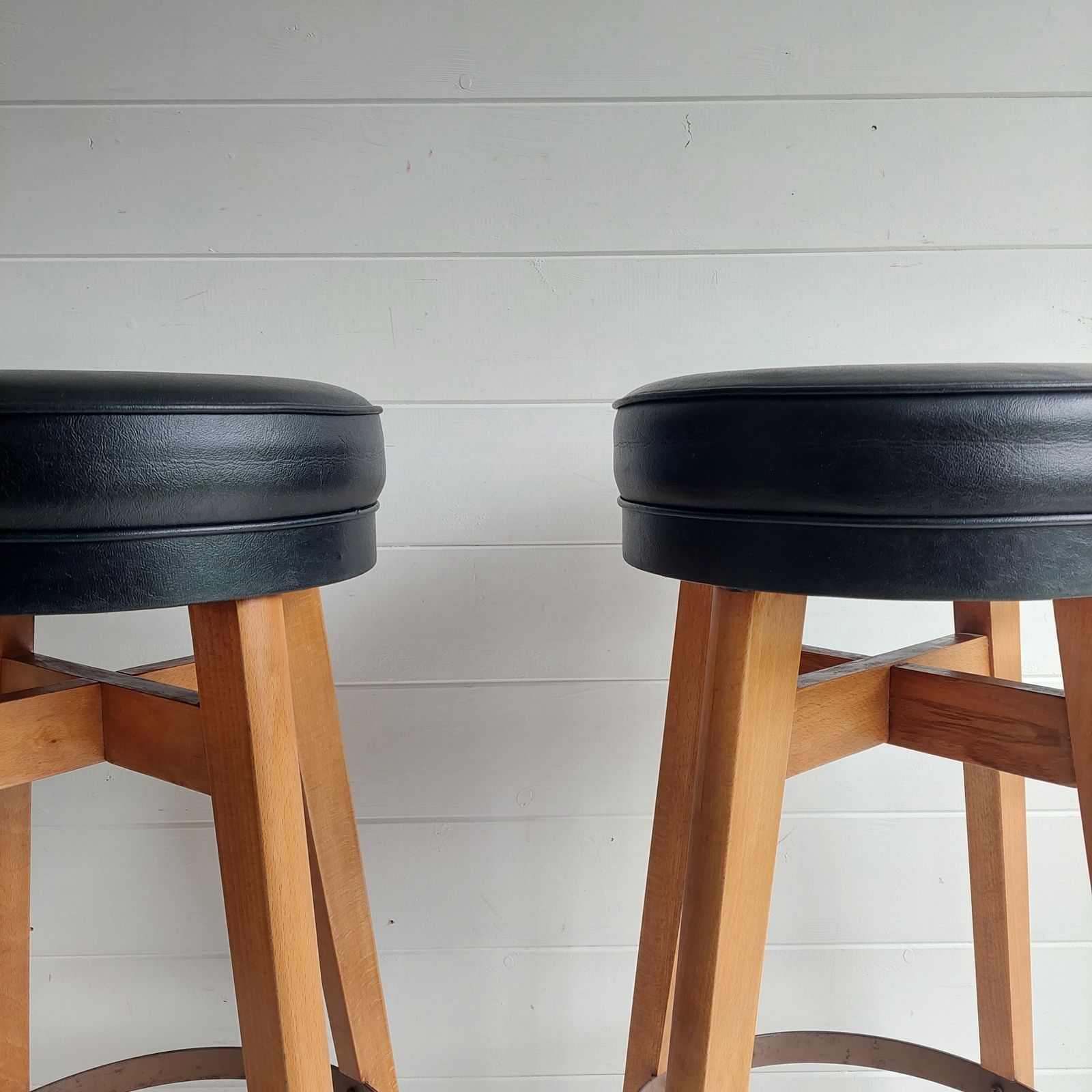 Mid Century Bar Stools Danish Style By Benchairs 70s Beech And Vinyl, Set Of 2 photo vinterior