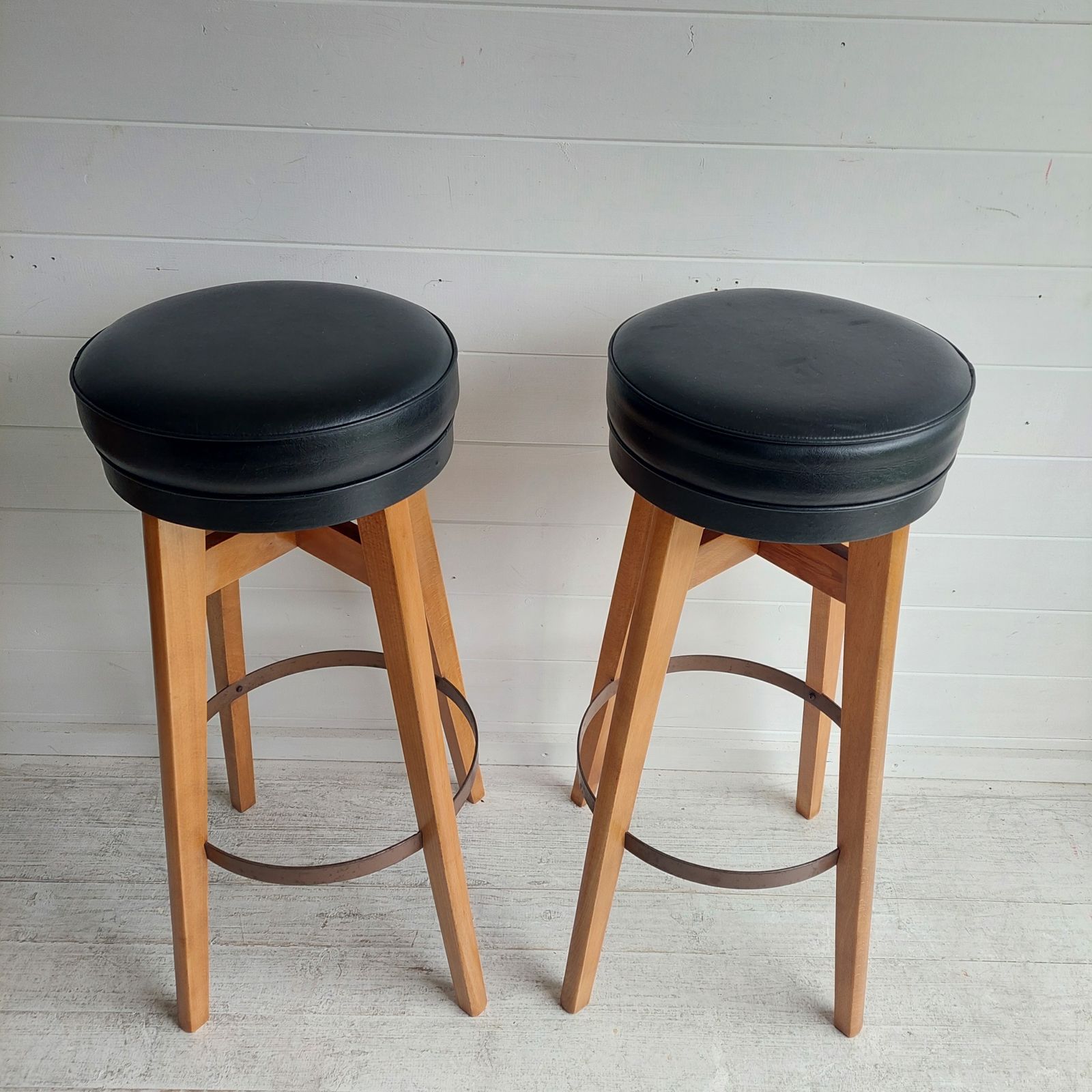 photo for sale Mid Century Bar Stools Danish Style By Benchairs 70s Beech And Vinyl, Set Of 2