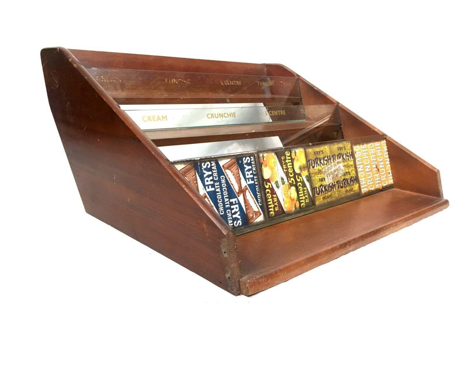 photo furniture Antique Wooden & Glass Fry's Chocolate Bar Display Rack / Shop Countertop Unit