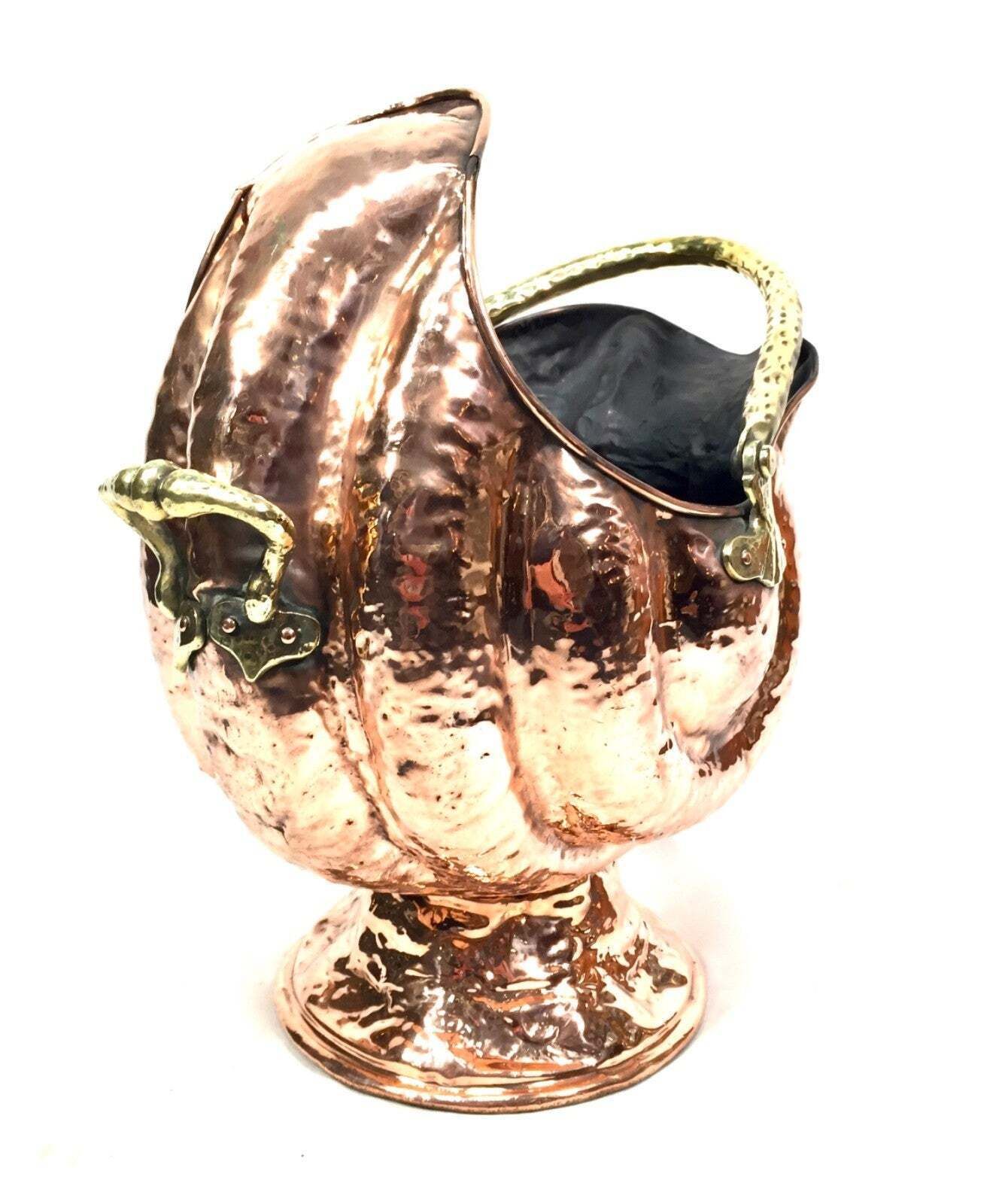 Antique Copper Fire Coal Scuttle With Brass Handle Art Nouveau / 19th Century photo vintage