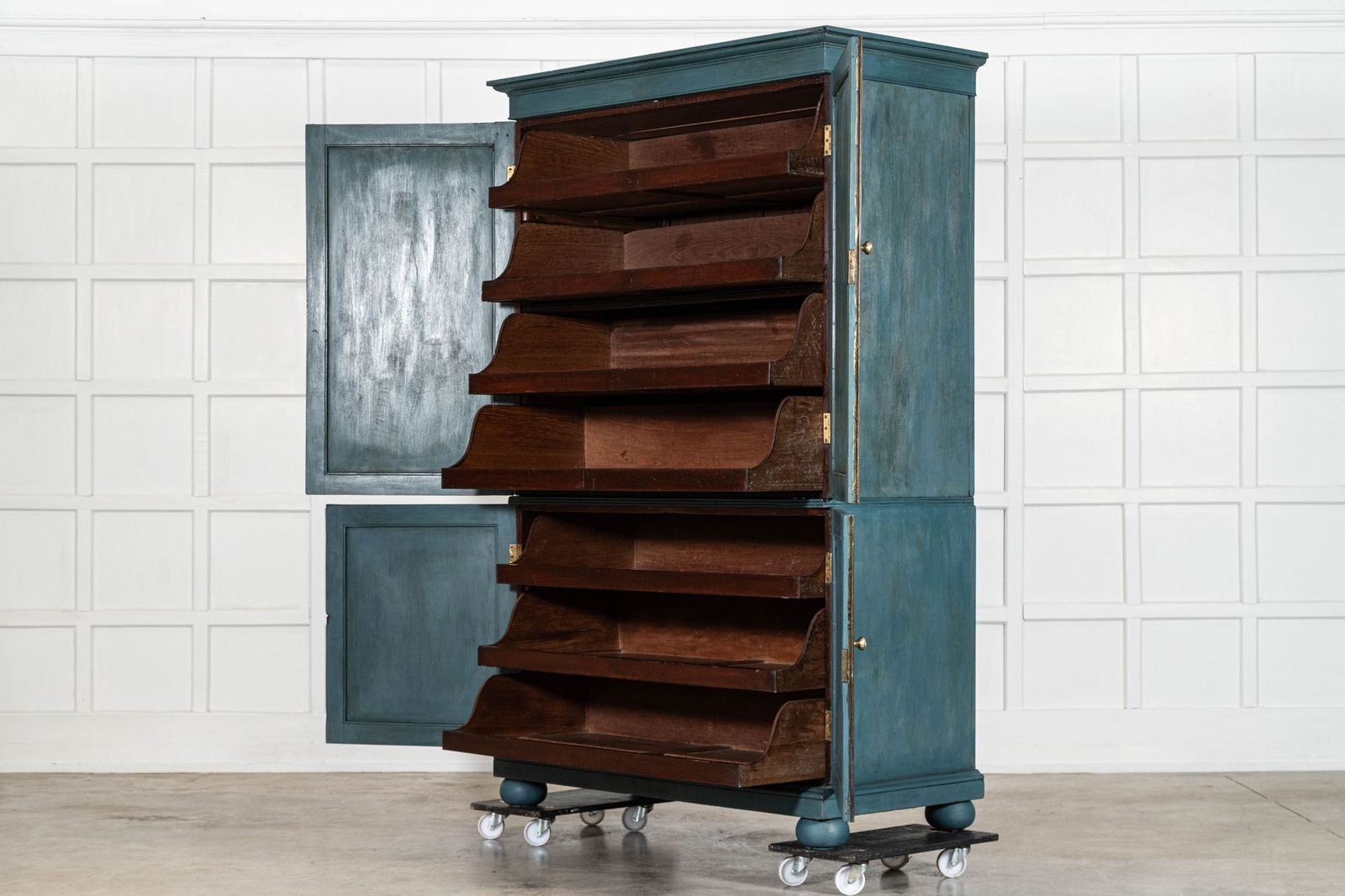 19thc English Mahogany Painted Linen Cabinet (Green/Blue) photo vintage