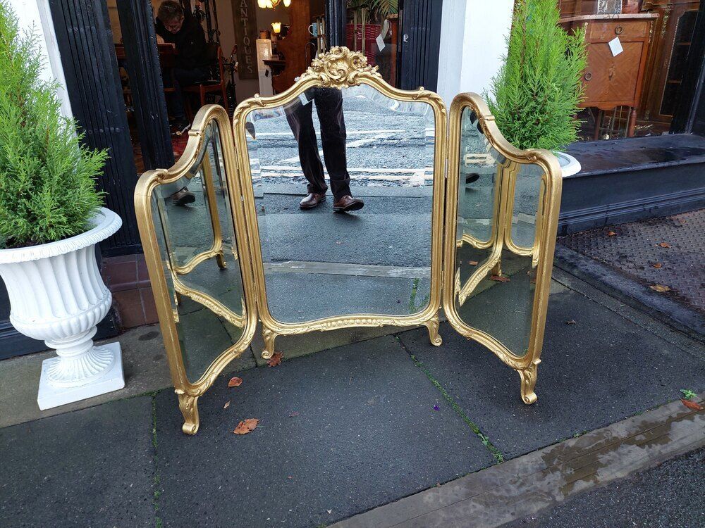 Early 20thc Gilt Folding Triple Dressing Mirror photo for sale