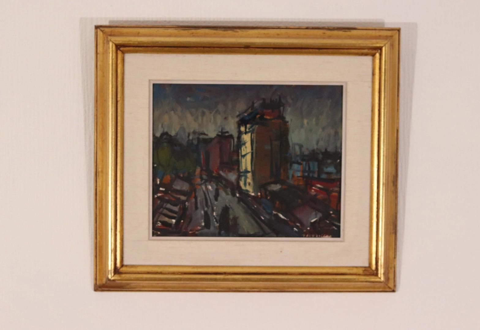 Original Swedish Oil On Panel – “City II” By P.O. Zachrisson – Signed & Framed – 36 × 42 Cm (14.2" × 16.5") photo vinterior