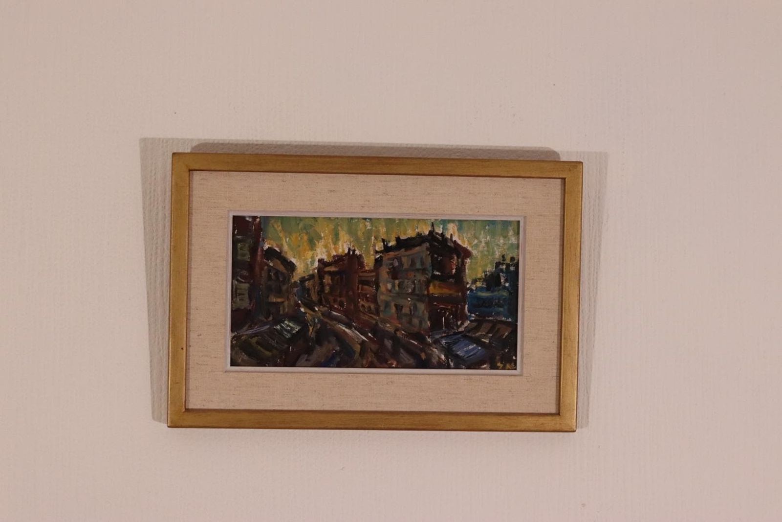 Original Mid Century Swedish Oil On Panel – “City” By P.O. Zachrisson – Vintage & Framed – 37 × 25 Cm (14.6" × 9.8") photo furniture