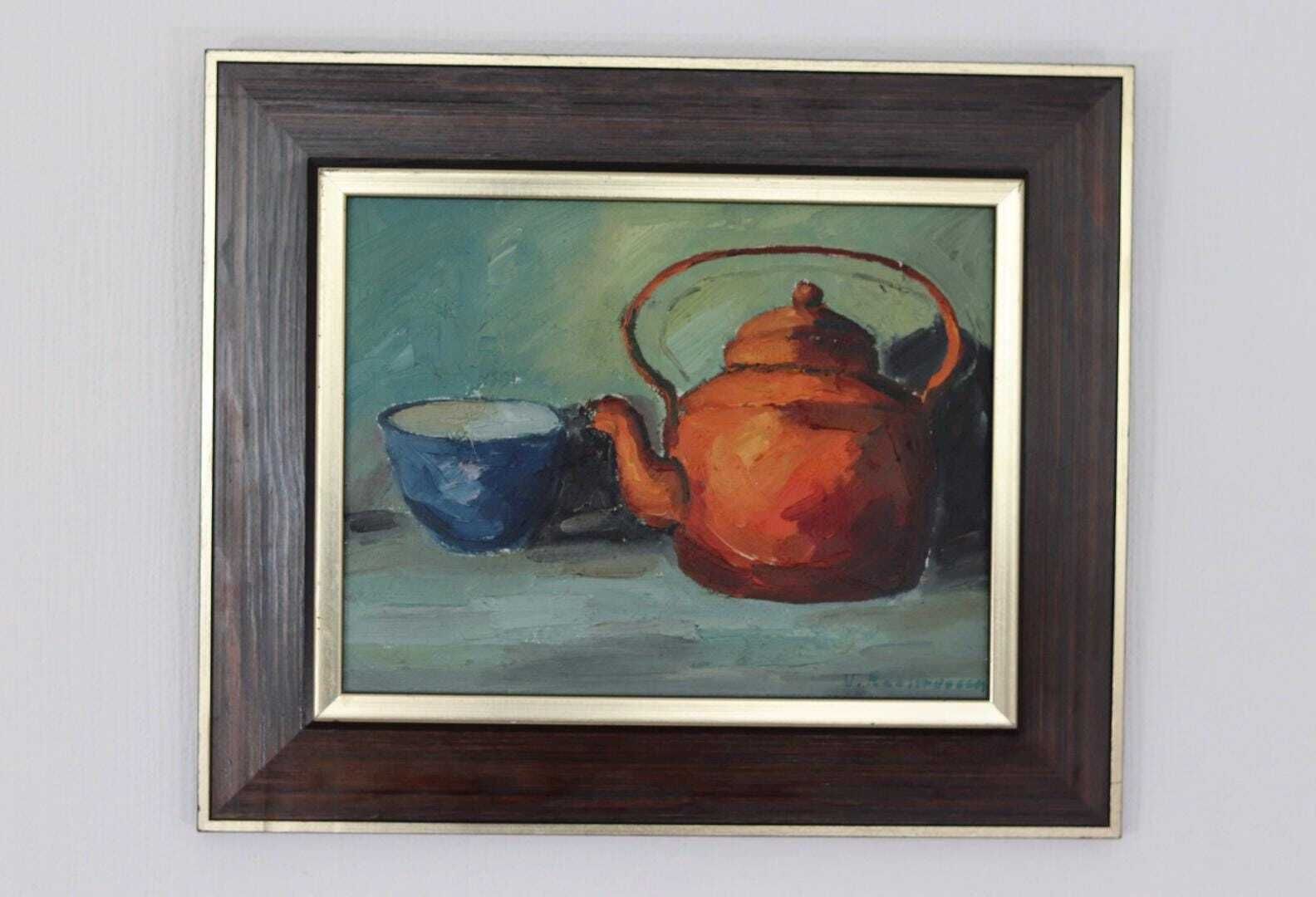 Original Mid Century Swedish Oil On Canvas – “Kettle And Mug” By Viktor Rasmussen – Vintage & Framed – 50 × 42 Cm (19.7" × 16.5") photo 345.0