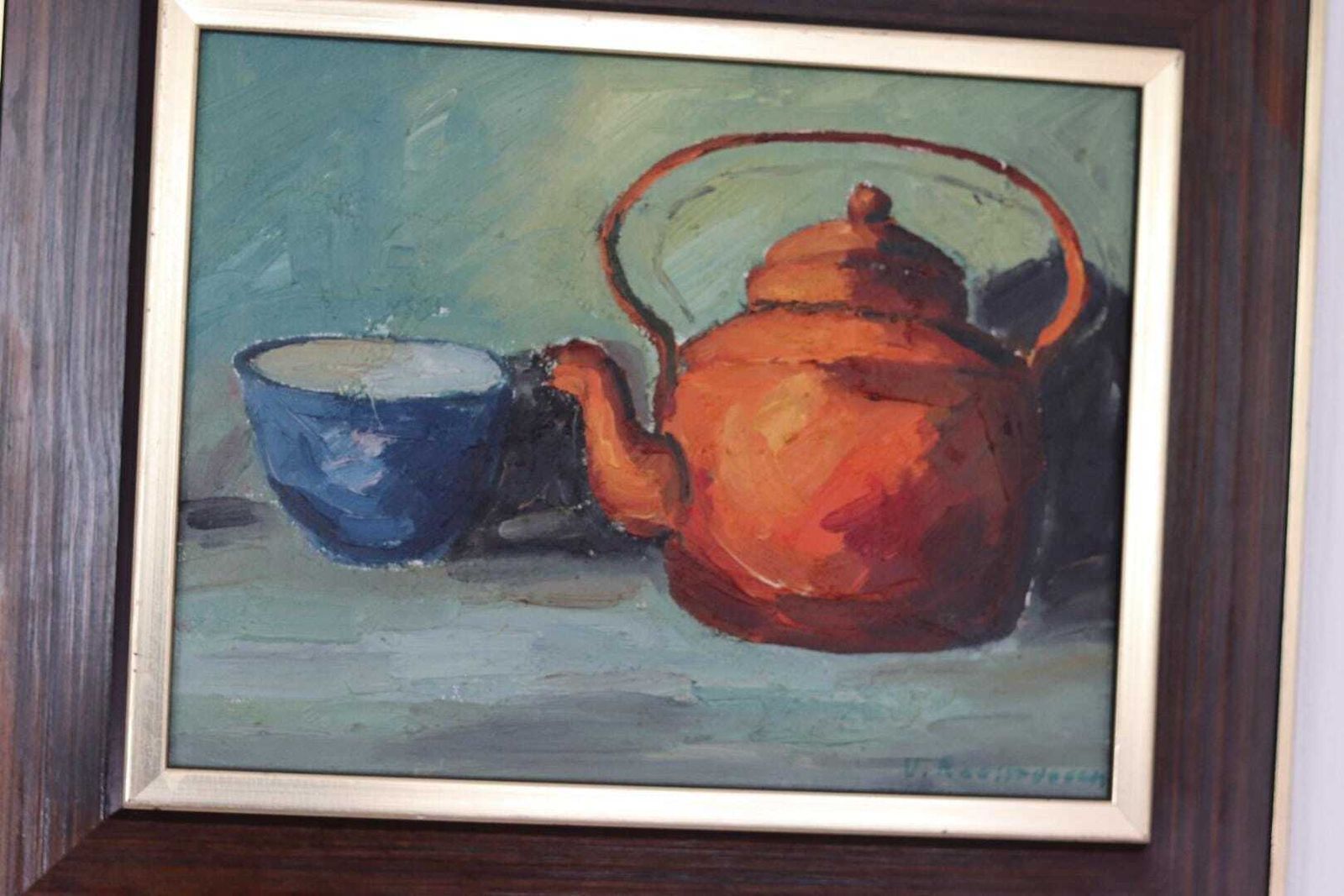 Original Mid Century Swedish Oil On Canvas – “Kettle And Mug” By Viktor Rasmussen – Vintage & Framed – 50 × 42 Cm (19.7" × 16.5") photo vinterior