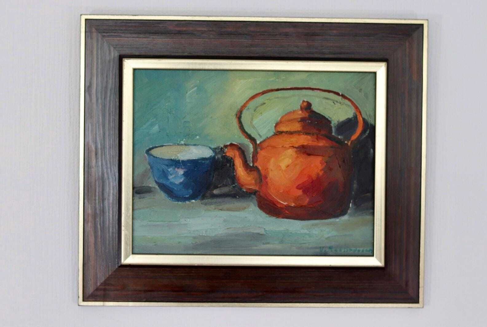 Original Mid Century Swedish Oil On Canvas – “Kettle And Mug” By Viktor Rasmussen – Vintage & Framed – 50 × 42 Cm (19.7" × 16.5") photo vintage