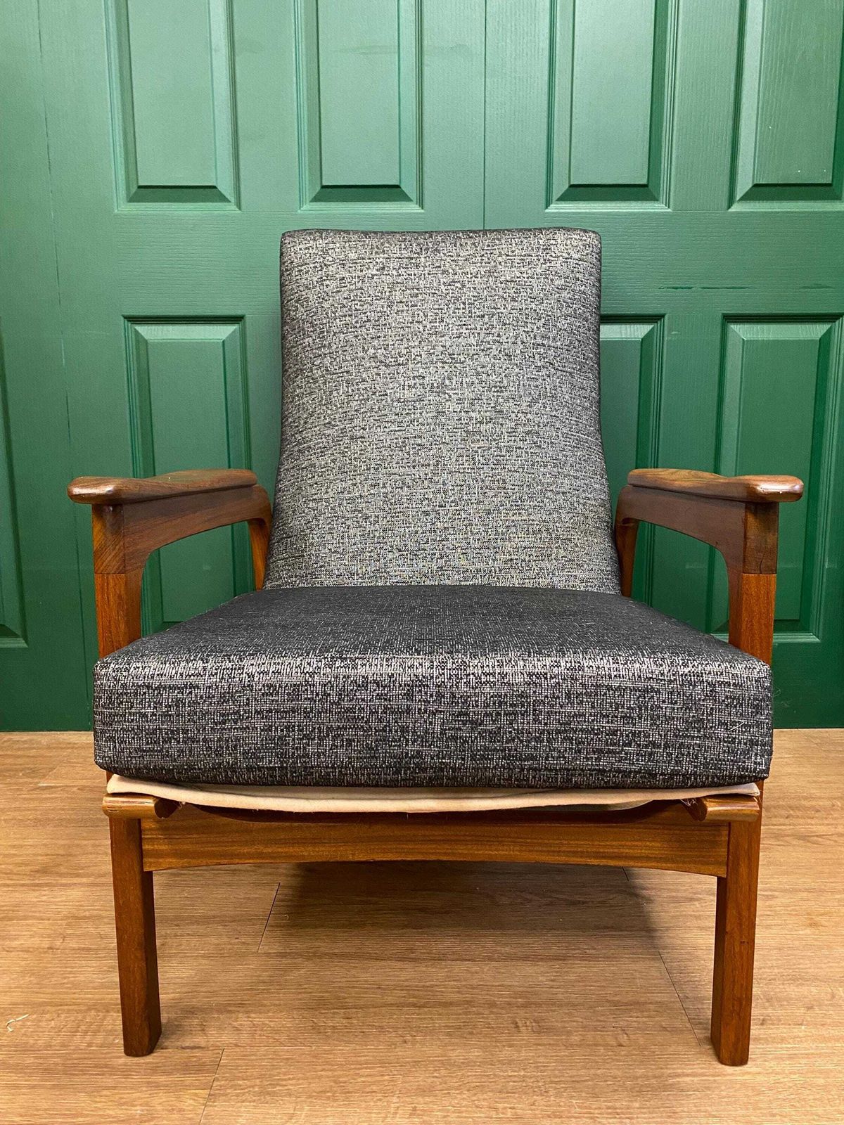 Refurbished Vintage 1960s Scandinavian Solid Teak Framed High Back Gentleman's Armchair In Grey photo for sale
