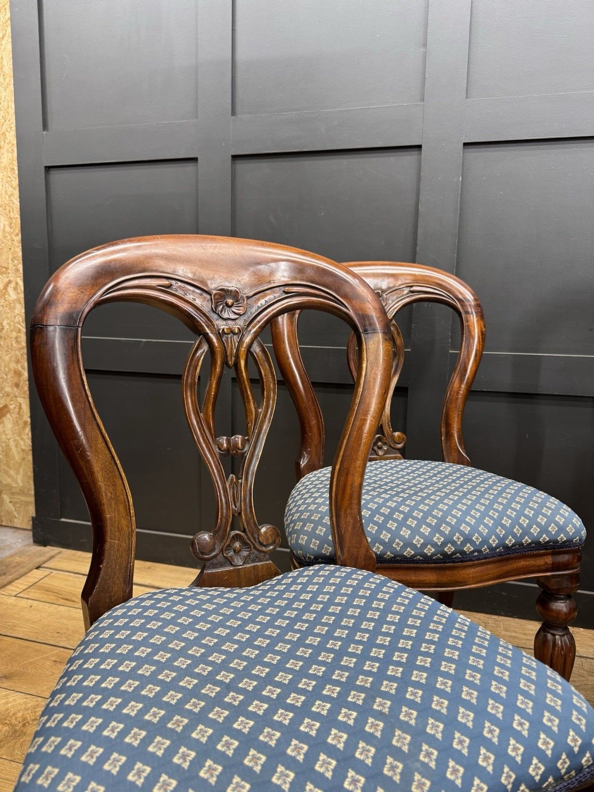 Vintage Balloon Back Dining Chairs – Carved Backs & Upholstered Seats (4) photo furniture