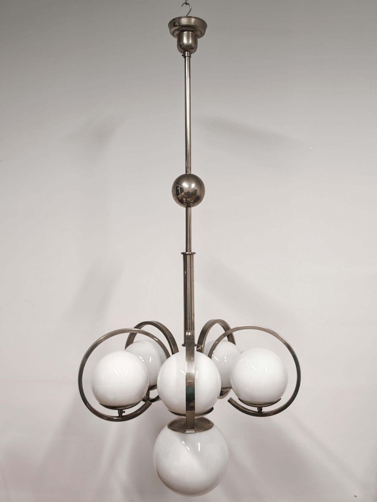 Xxl Bauhaus Salon Chandelier In Nickel Plated Brass And Milk Glass photo for sale