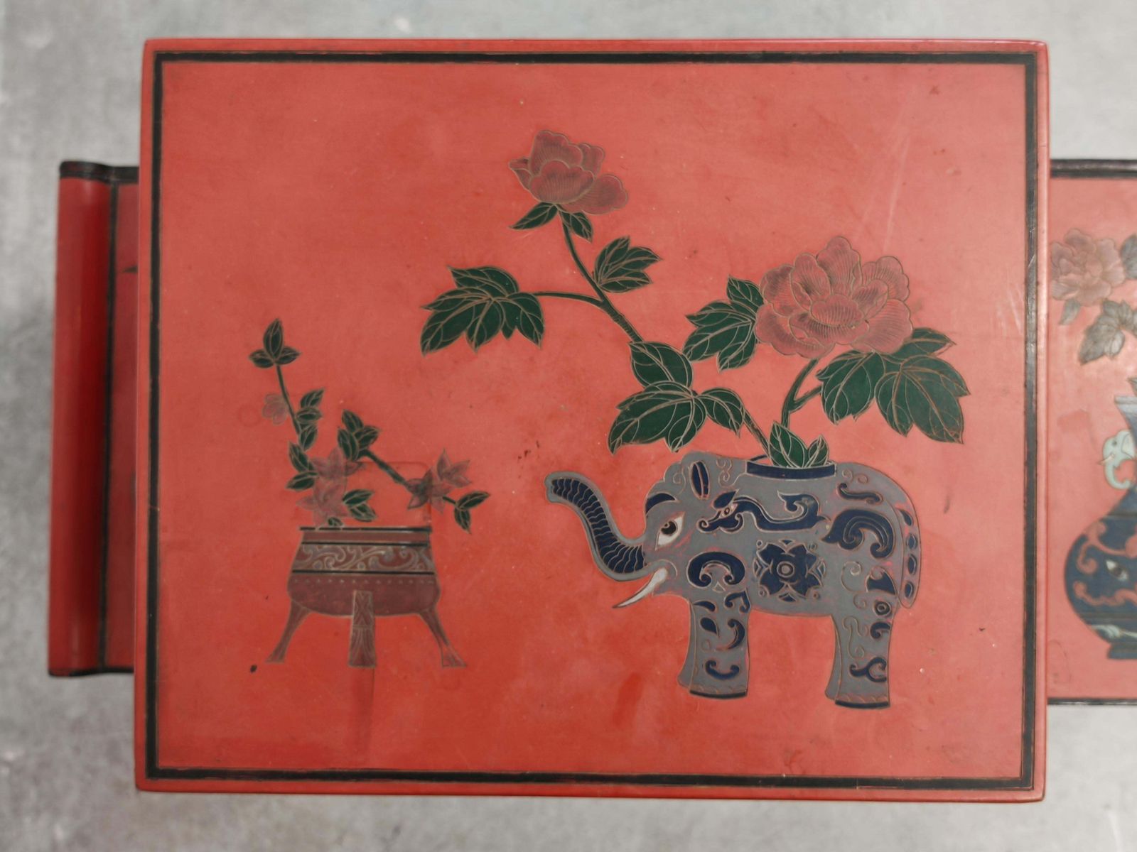 Furniture Antique Nightstands In Red Lacquer And Hand Painted Ornaments, China 1800s photo