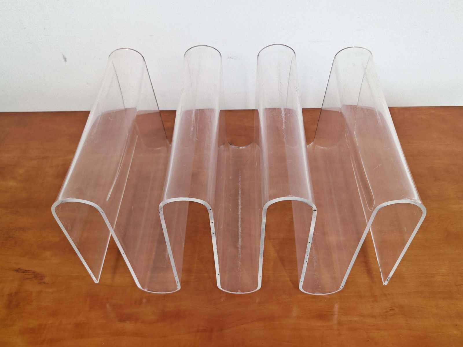 Home Decor Mid Century Modern Sculptural Magazine Rack Done In Plexi, Italy 1970s photo