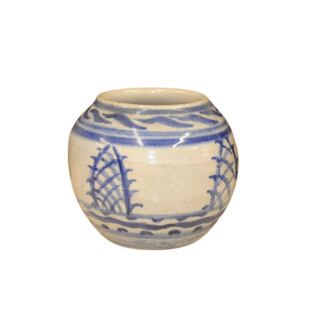 Blue And White Oriental Style Pottery Vase Marked Wa