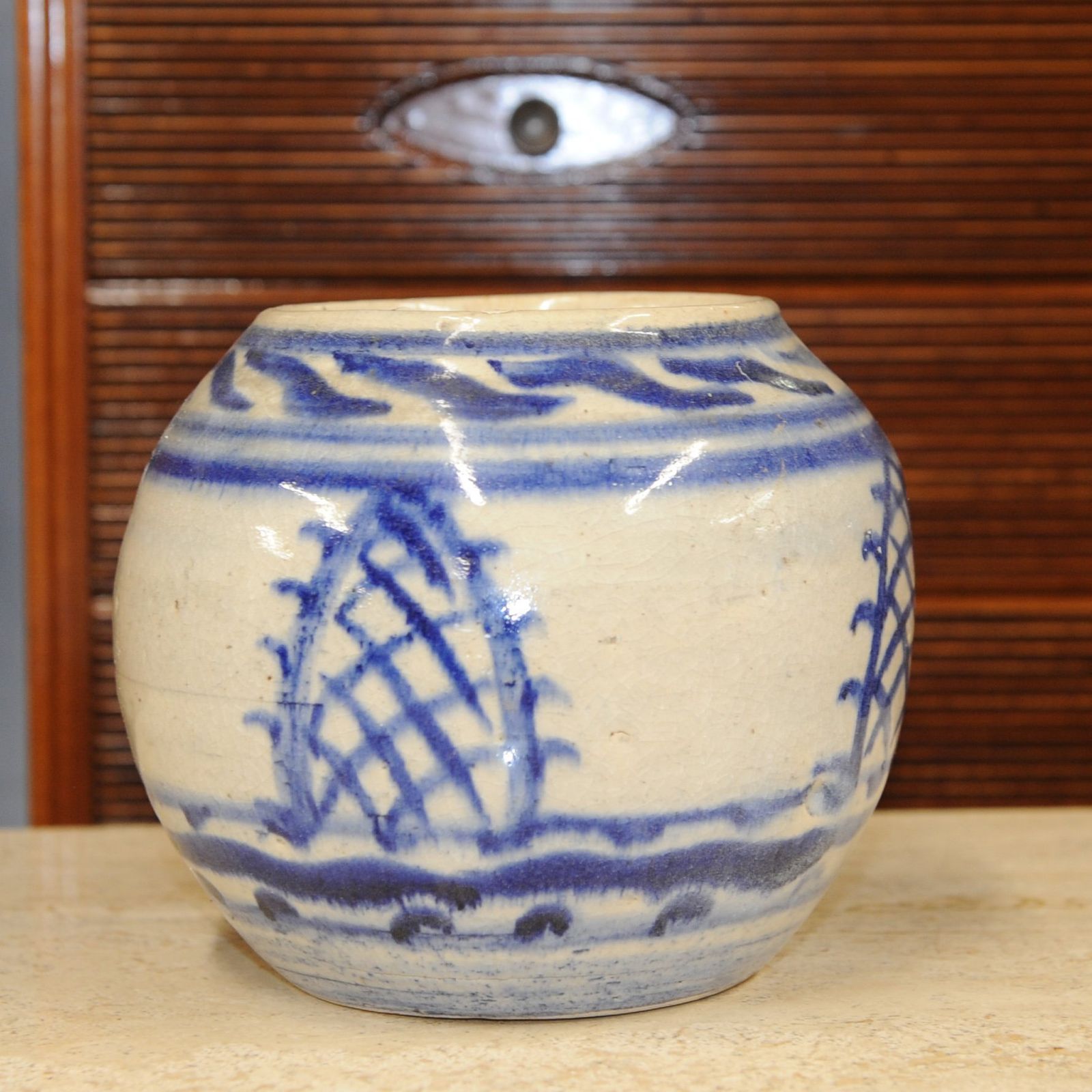 Blue And White Oriental Style Pottery Vase Marked Wa photo furniture
