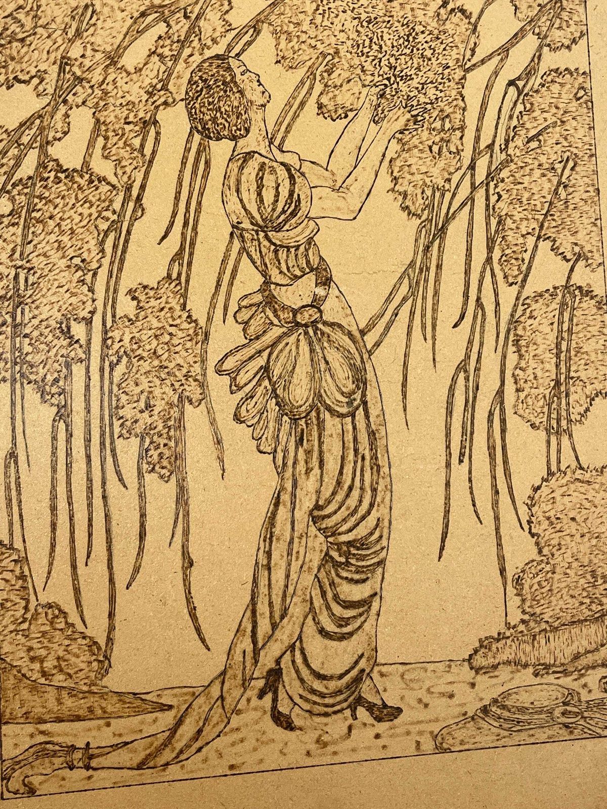 photo for sale Vogue Pyrography Pokerwork, Vintage Art Picture, Fashion Design, Helen Dryden, Cherry Blossom, Wood Painting