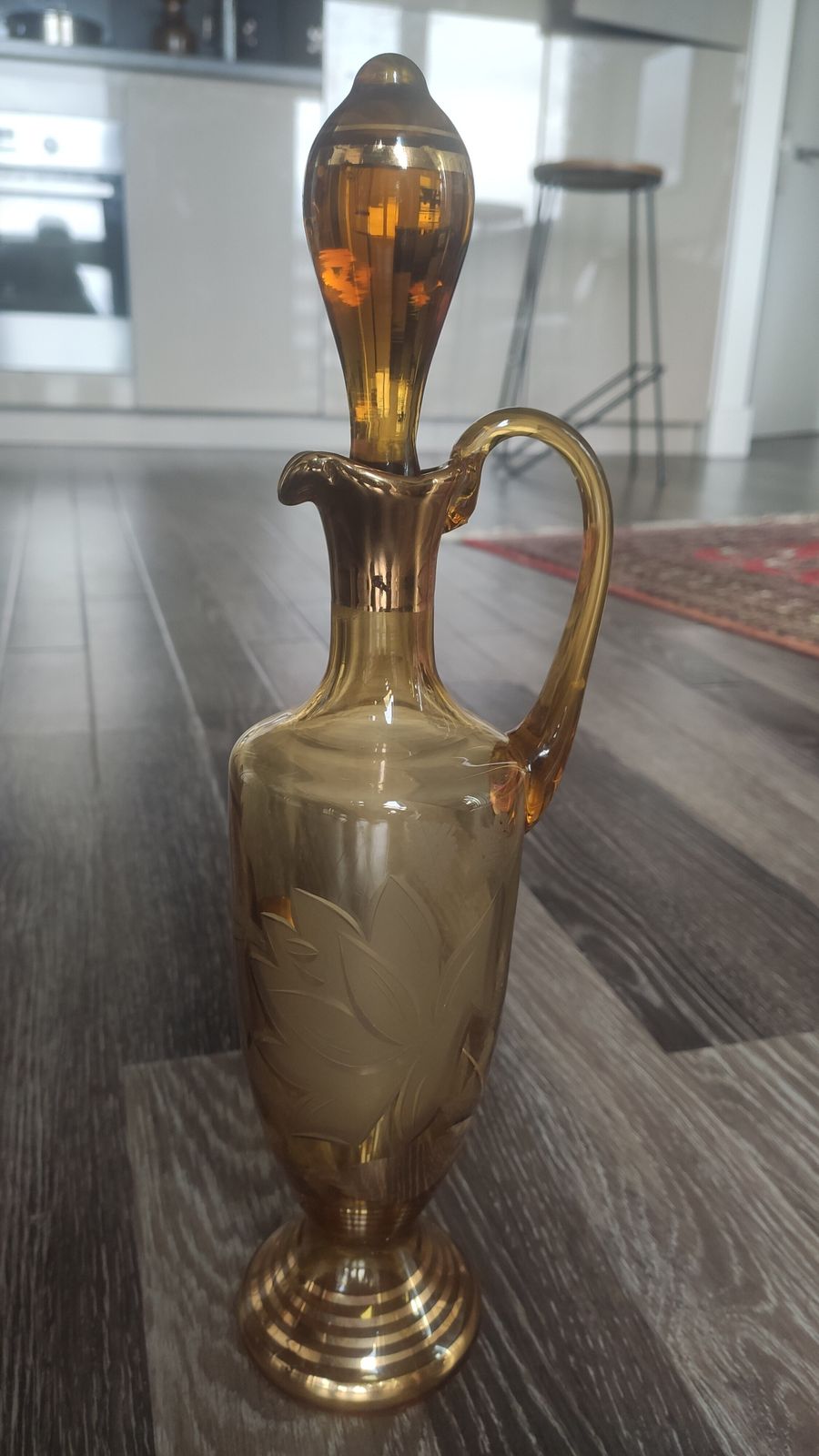 Bohemian Amber Glass Decanter With Hand Etched Décor And Hand Gold Finish photo Home Decor