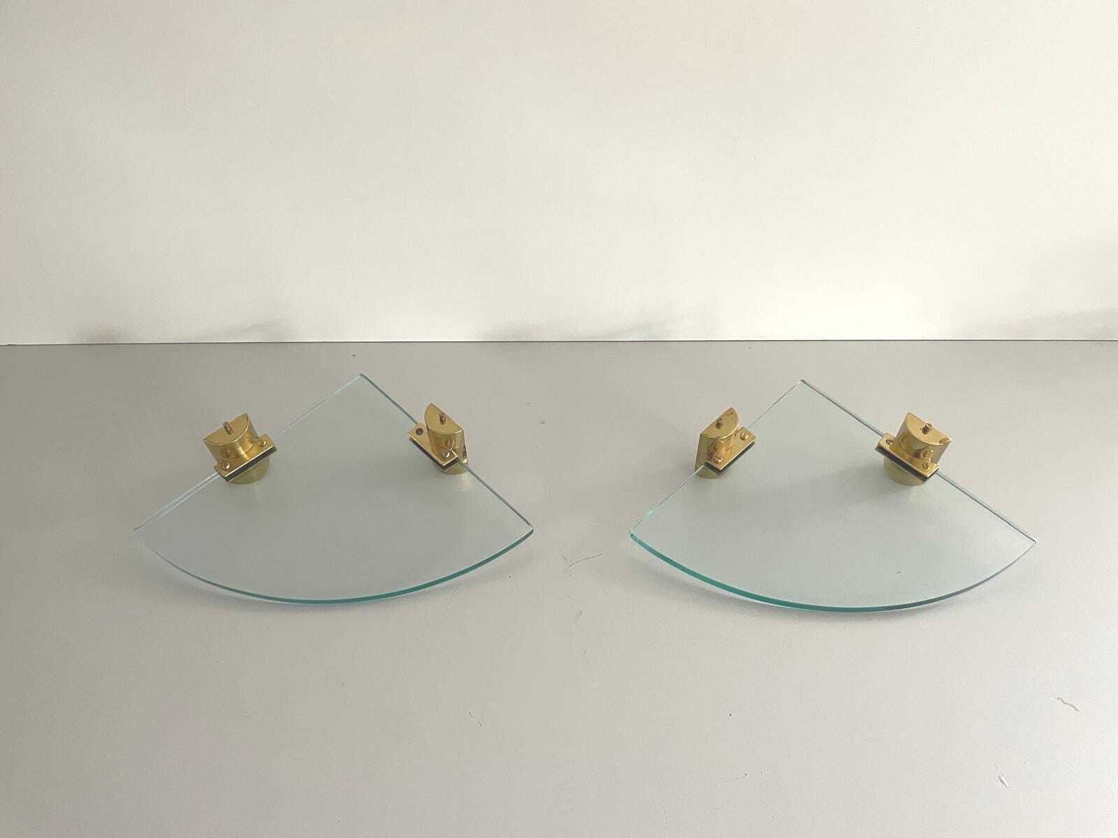 Mid Century Italian Thick Glass And Brass Pair Of Floating Corner Wall Shelfs, 1960s, Italy
