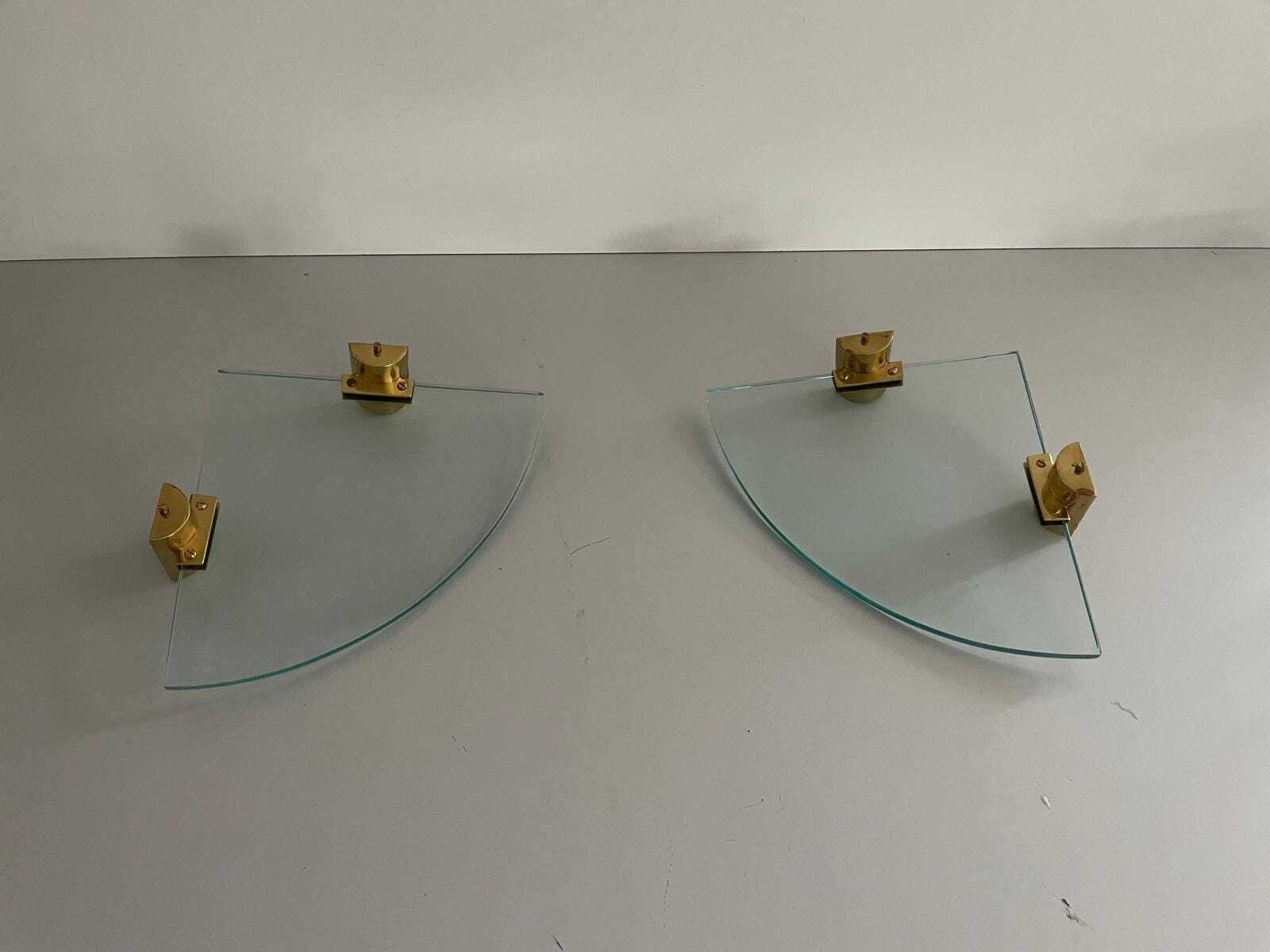 Mid Century Italian Thick Glass And Brass Pair Of Floating Corner Wall Shelfs, 1960s, Italy photo for sale