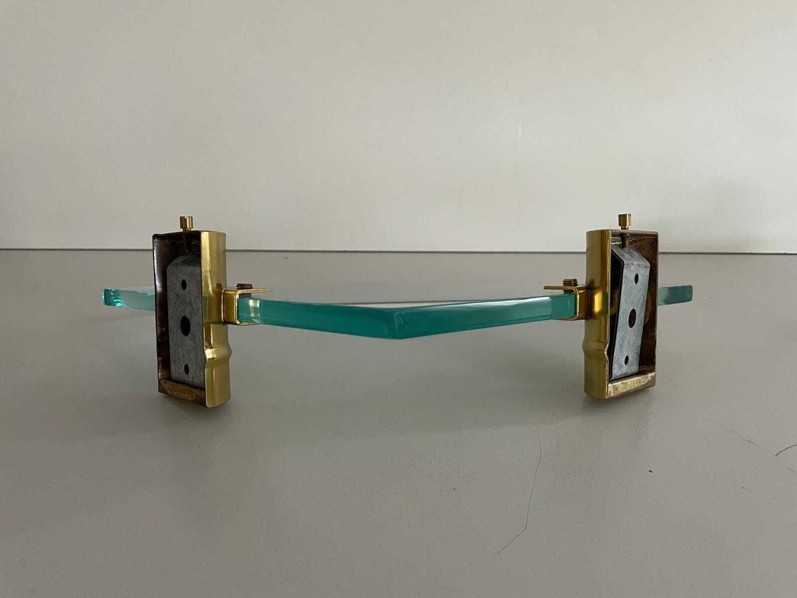 photo furniture Mid Century Italian Thick Glass And Brass Pair Of Floating Corner Wall Shelfs, 1960s, Italy