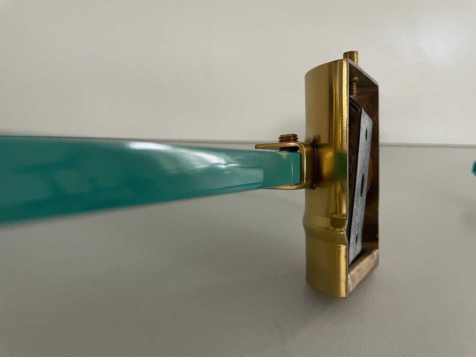 photo for sale Mid Century Italian Thick Glass And Brass Pair Of Floating Corner Wall Shelfs, 1960s, Italy