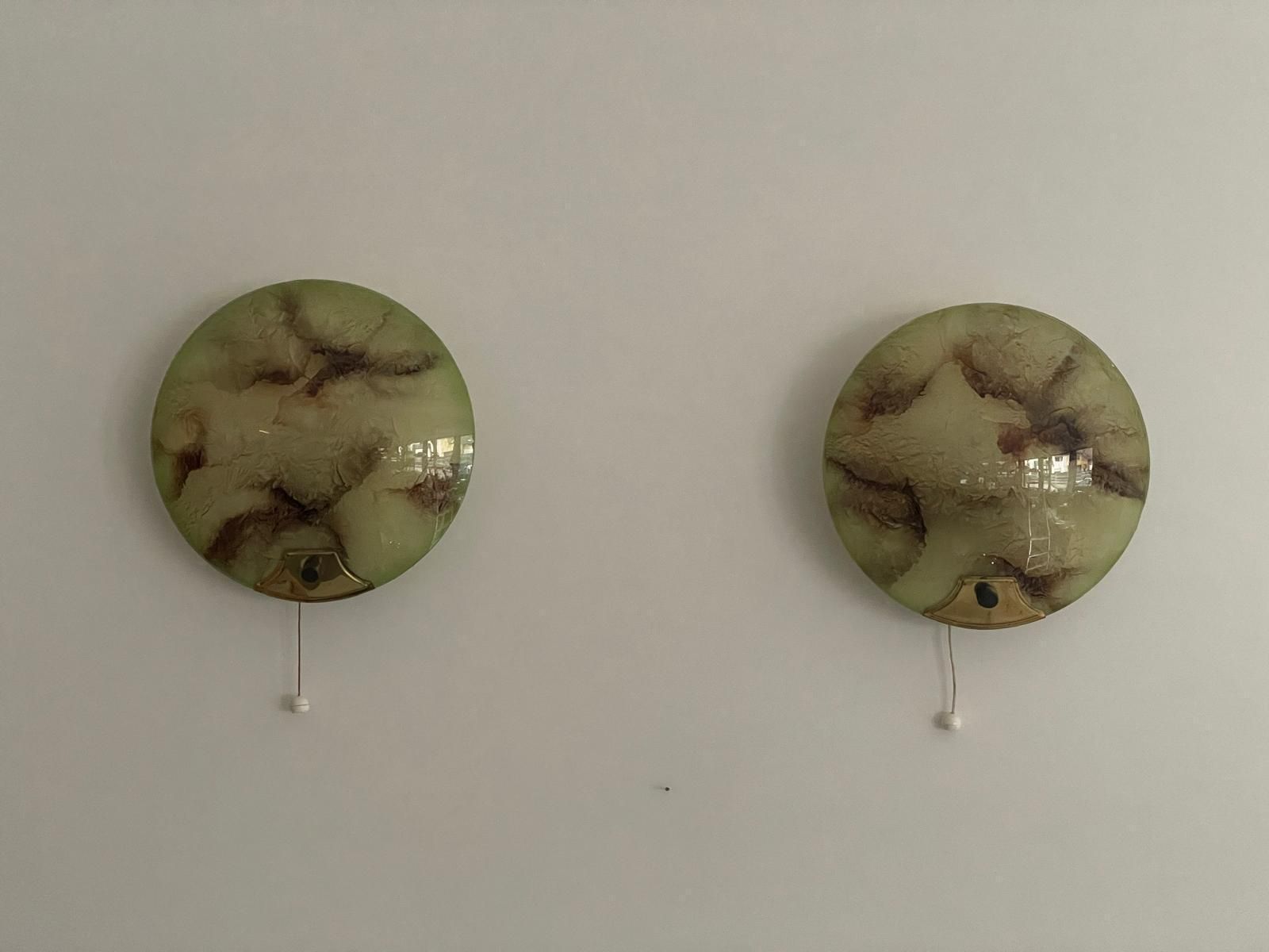 Mid Century Round Green Glass & Brass Pair Of Sconces, 1950s, Germany photo furniture