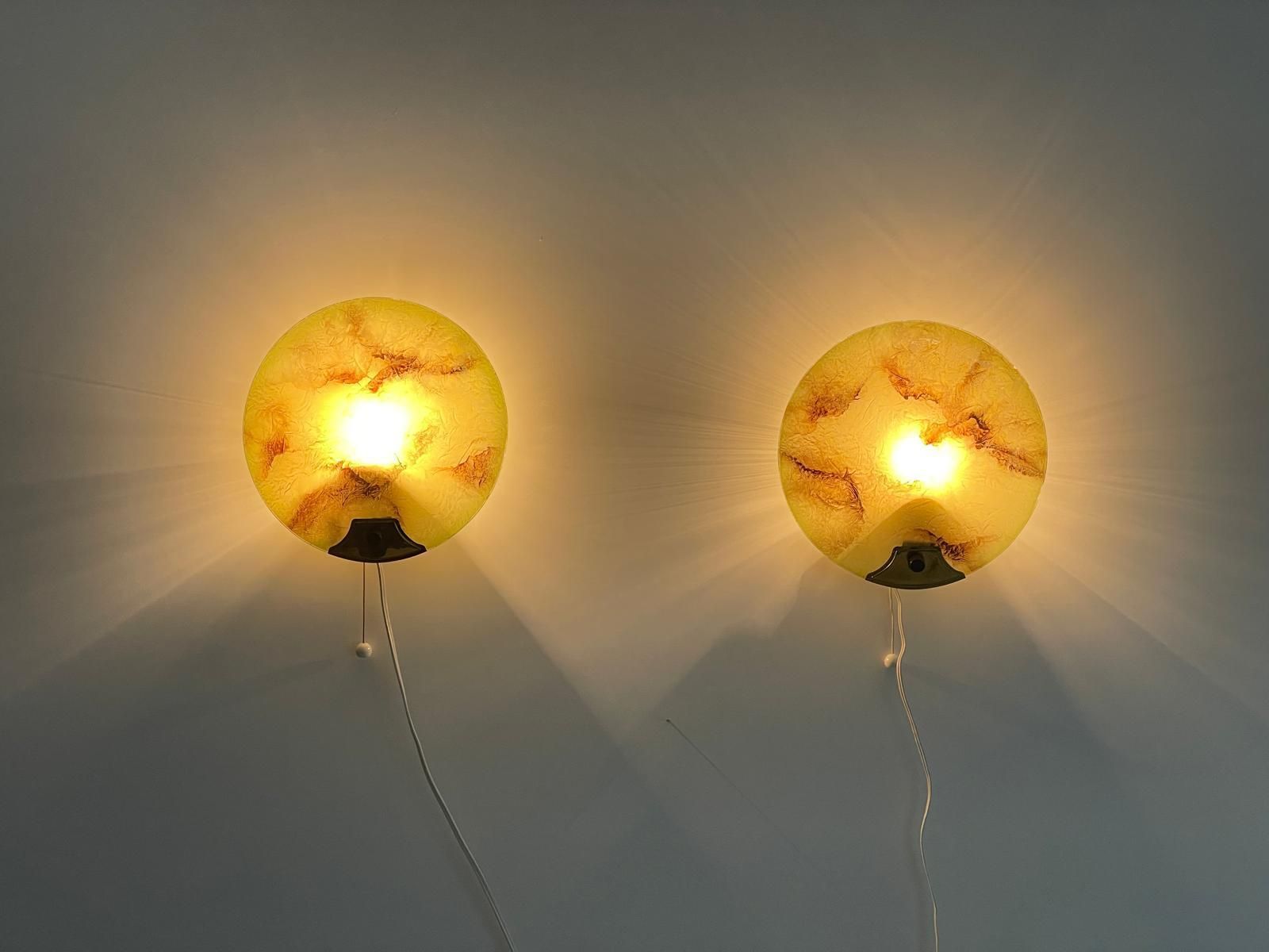 Mid Century Round Green Glass & Brass Pair Of Sconces, 1950s, Germany photo for sale