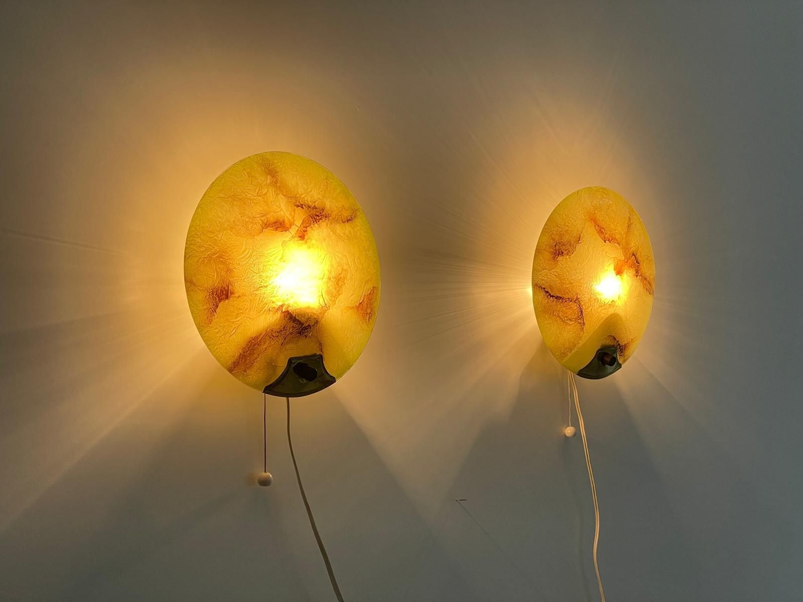 Mid Century Round Green Glass & Brass Pair Of Sconces, 1950s, Germany photo 2063.0