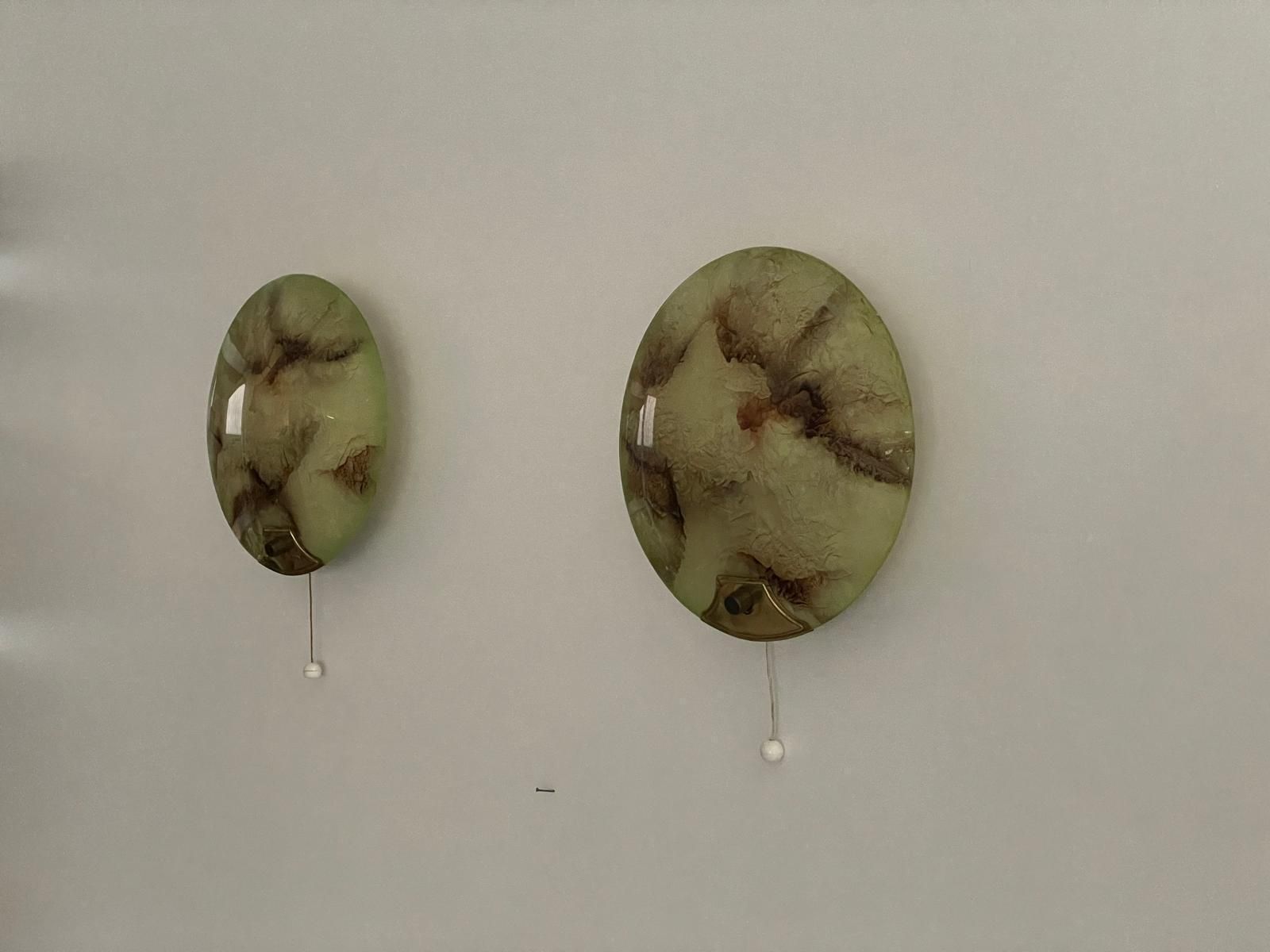 Mid Century Round Green Glass & Brass Pair Of Sconces, 1950s, Germany photo vinterior