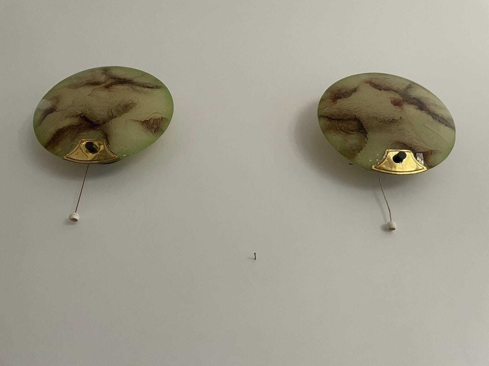 Mid Century Round Green Glass & Brass Pair Of Sconces, 1950s, Germany photo vintage