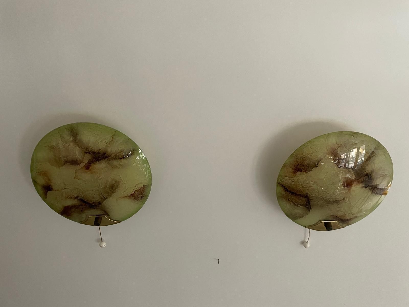 photo for sale Mid Century Round Green Glass & Brass Pair Of Sconces, 1950s, Germany