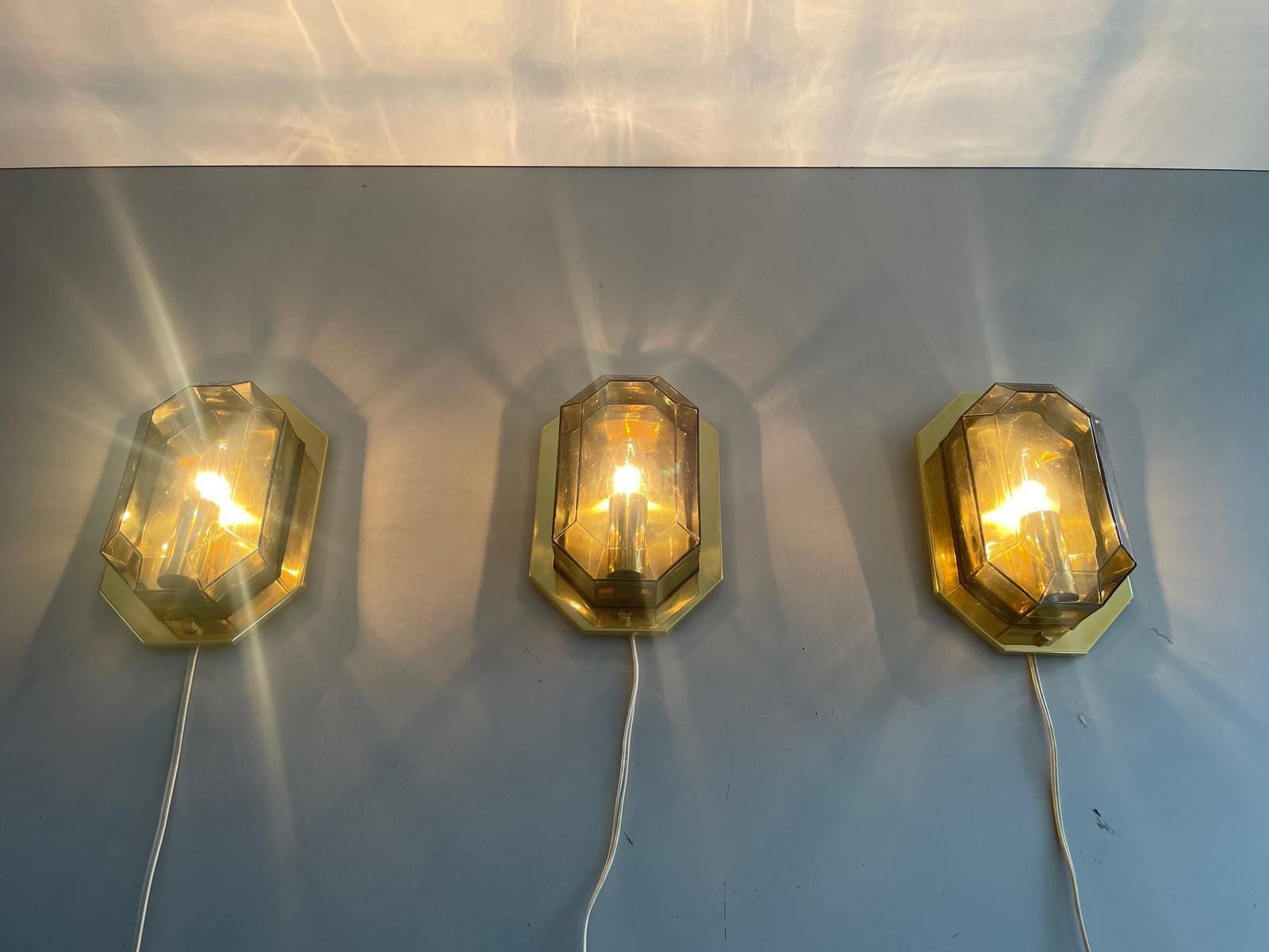 Smoke Glass & Brass Set Of 3 Sconces By Limburg, 1960s, Germany photo furniture