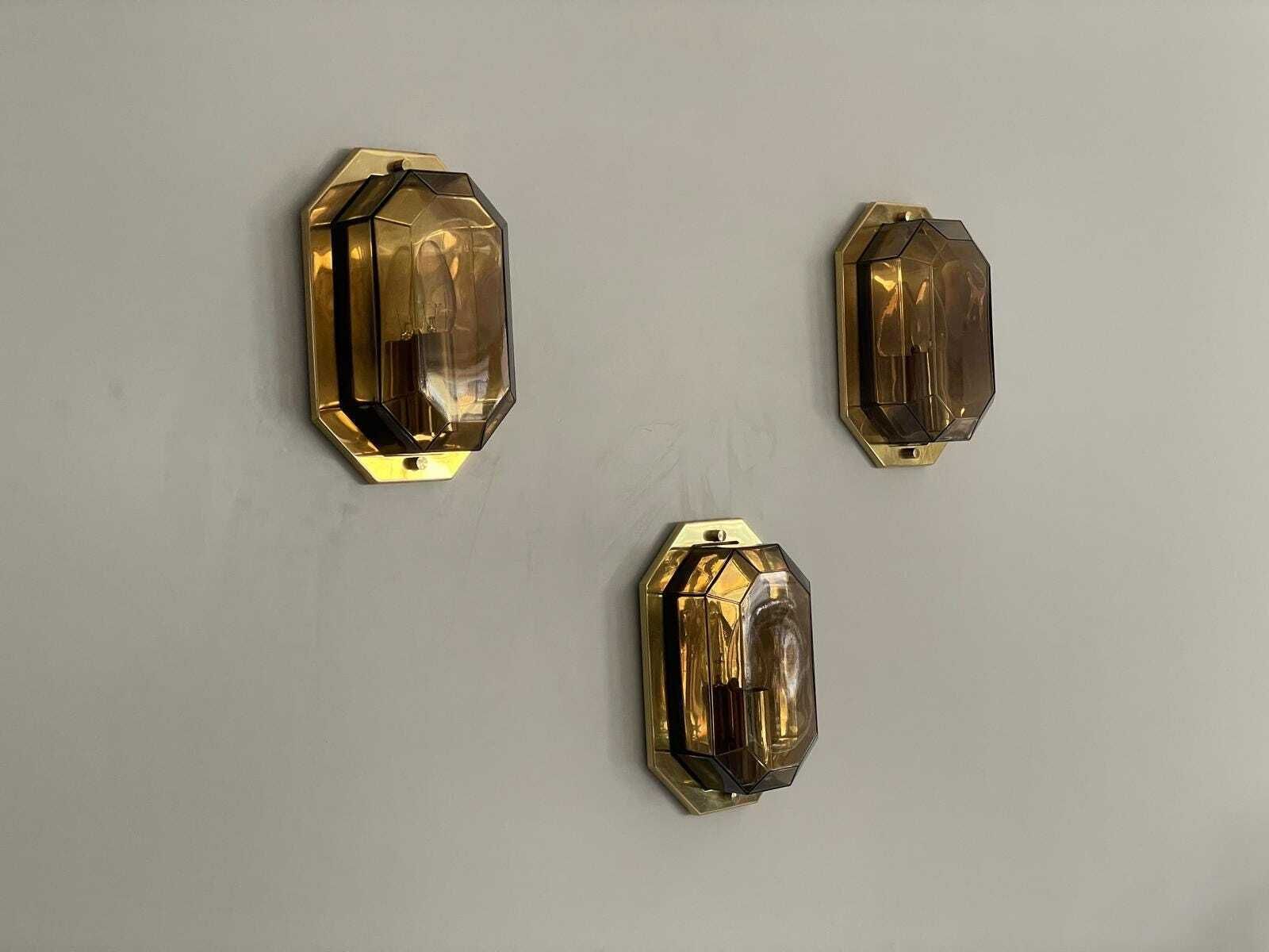 Smoke Glass & Brass Set Of 3 Sconces By Limburg, 1960s, Germany photo 1719.0
