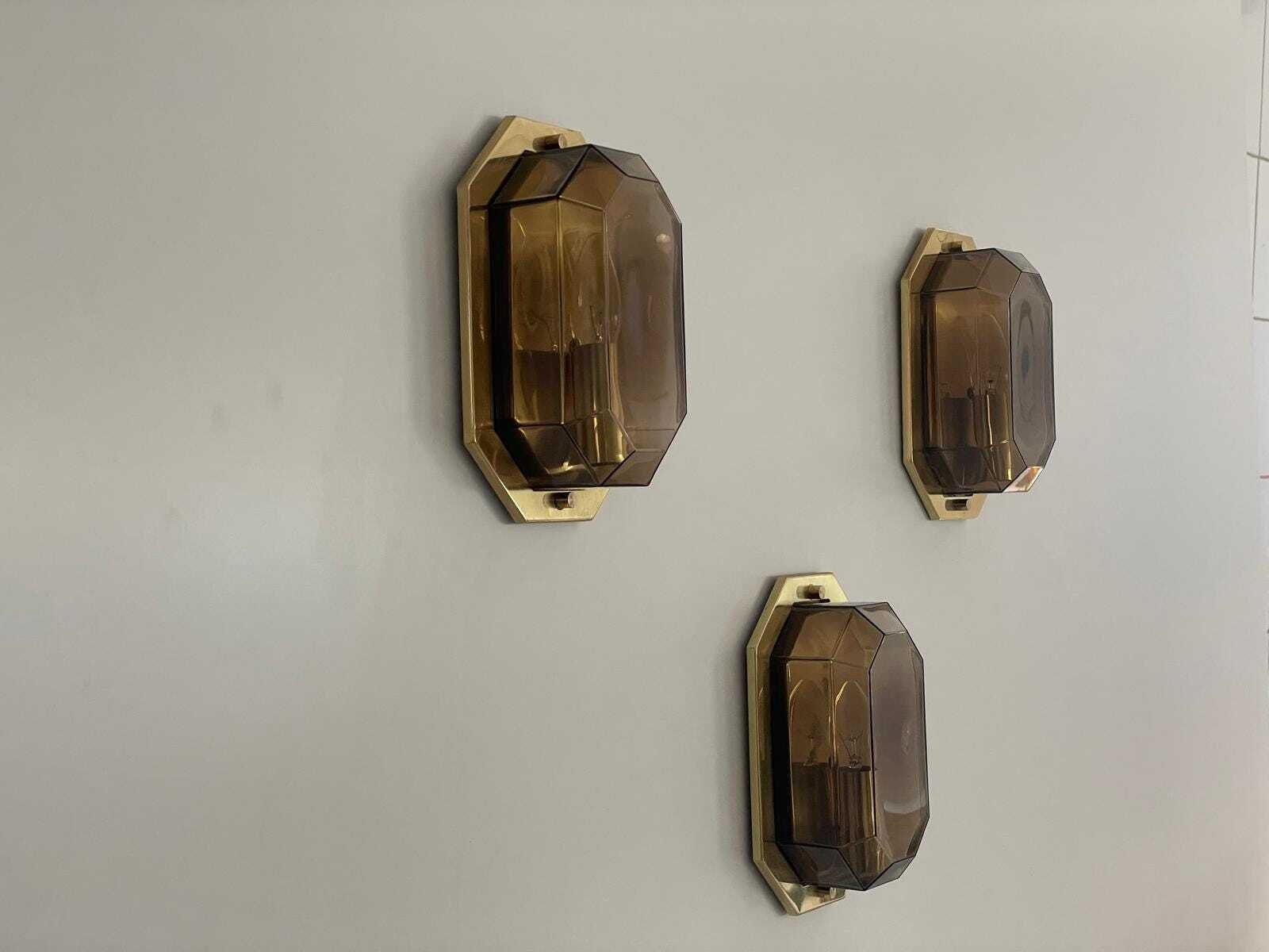Smoke Glass & Brass Set Of 3 Sconces By Limburg, 1960s, Germany photo vintage